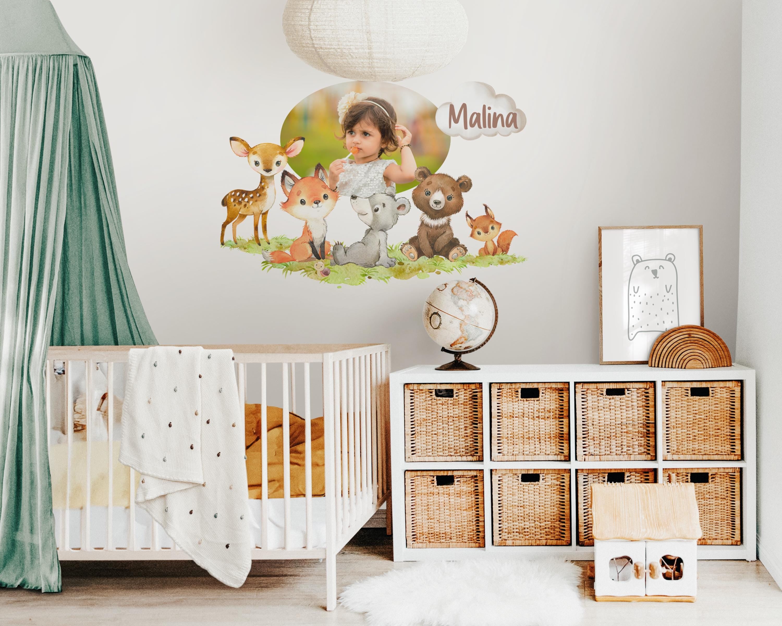 Wandtatoo Wandbild mit Foto Wandaufkleber Kinderzimmer personalisiert Waldtiere Bär Hase Reh für das Babyzimmer