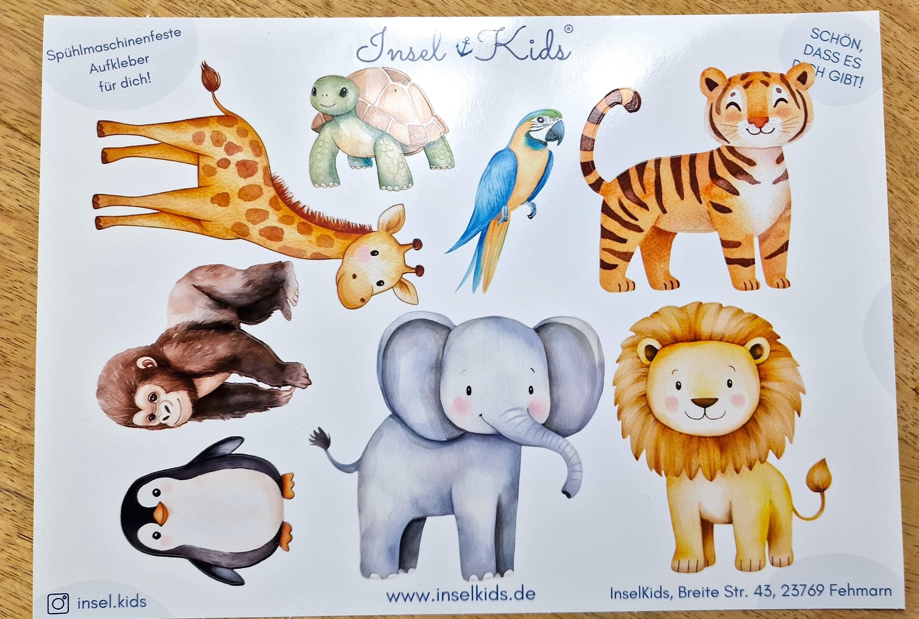Sticker Set Zootiere – spülmaschinenfest & wasserfest – Aufkleber für Brotdose, Trinkflasche, Fahrrad – Elefant, Löwe, Pinguin – A6 A5 A4 – Stickers