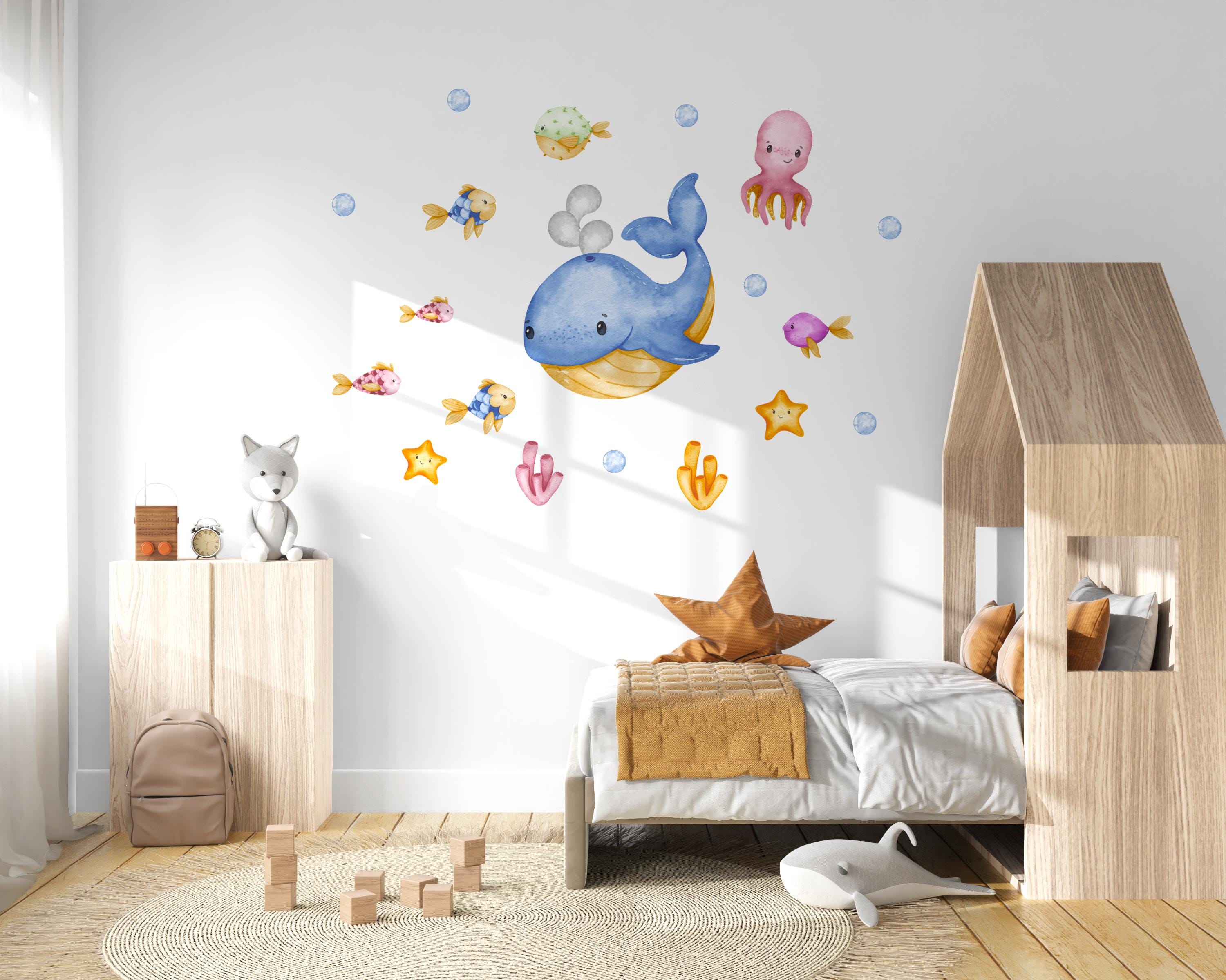 Wandtatoo Wandbild Wandaufkleber Wandsticker Kinderzimmer personalisiert Wal Meer Meerestiere für das Babyzimmer