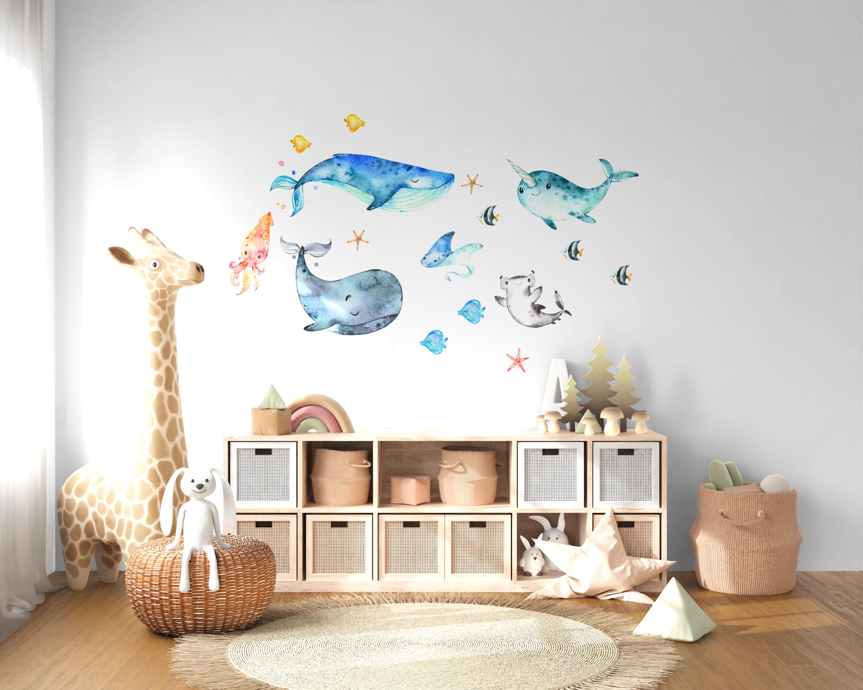 Wandtatoo Wandbild Wandaufkleber Wandsticker Kinderzimmer personalisiert Wal Meer Meerestiere für das Babyzimmer