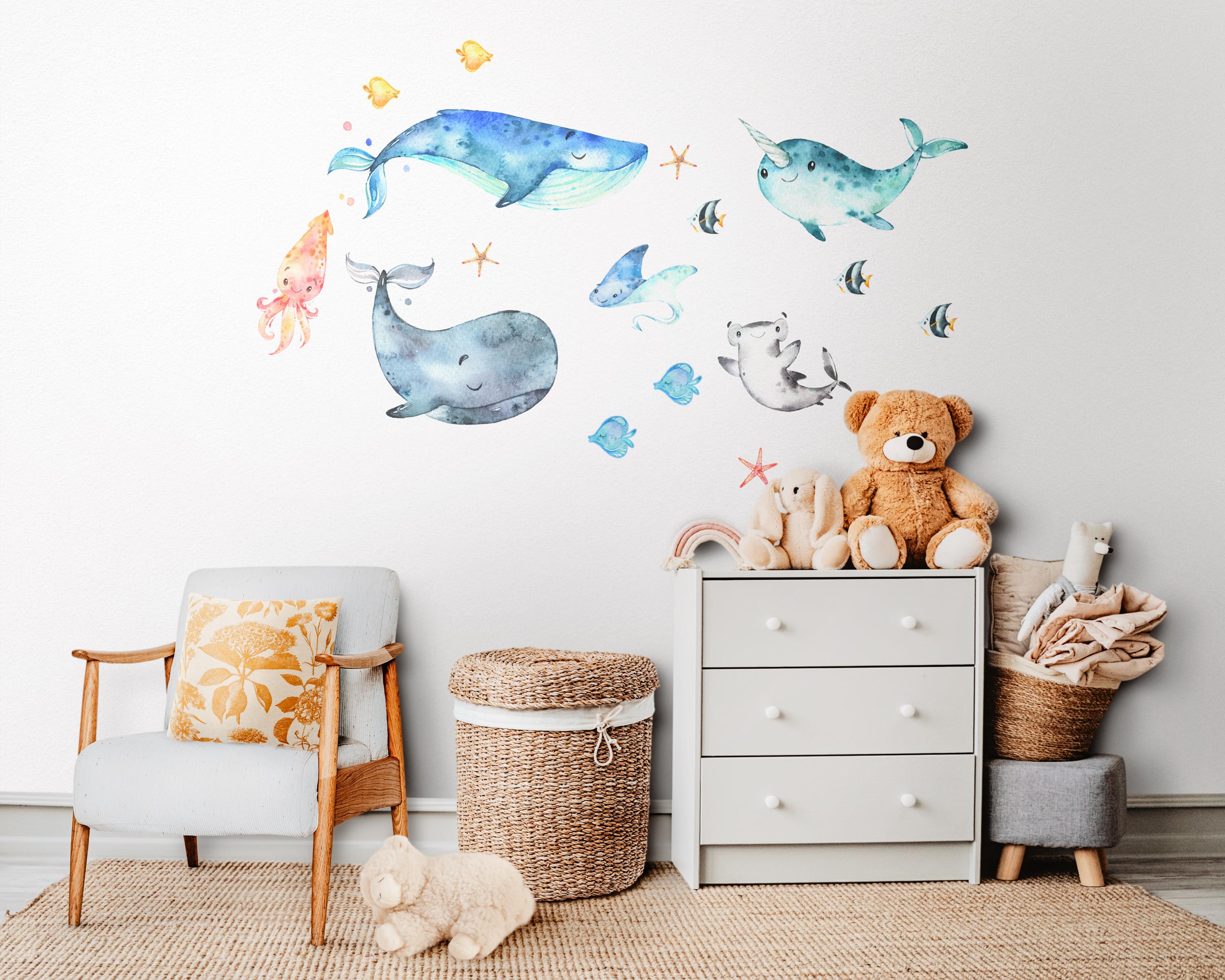 Wandtatoo Wandbild Wandaufkleber Wandsticker Kinderzimmer personalisiert Wal Meer Meerestiere für das Babyzimmer