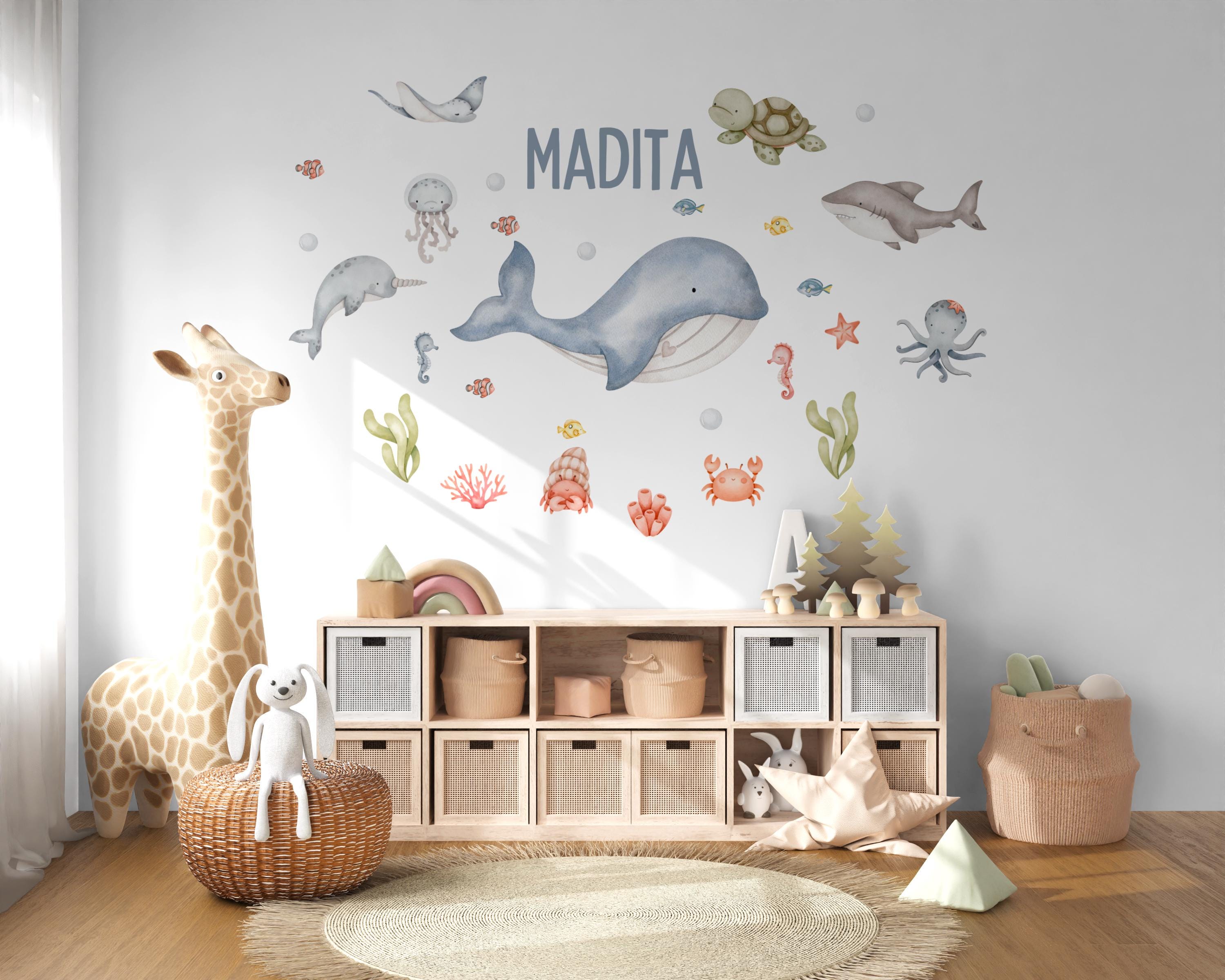 Wandtatoo Wandbild Wandaufkleber Wandsticker personalisiert Kinderzimmerdeko Wal Unterwasser Hai Kinderzimmer