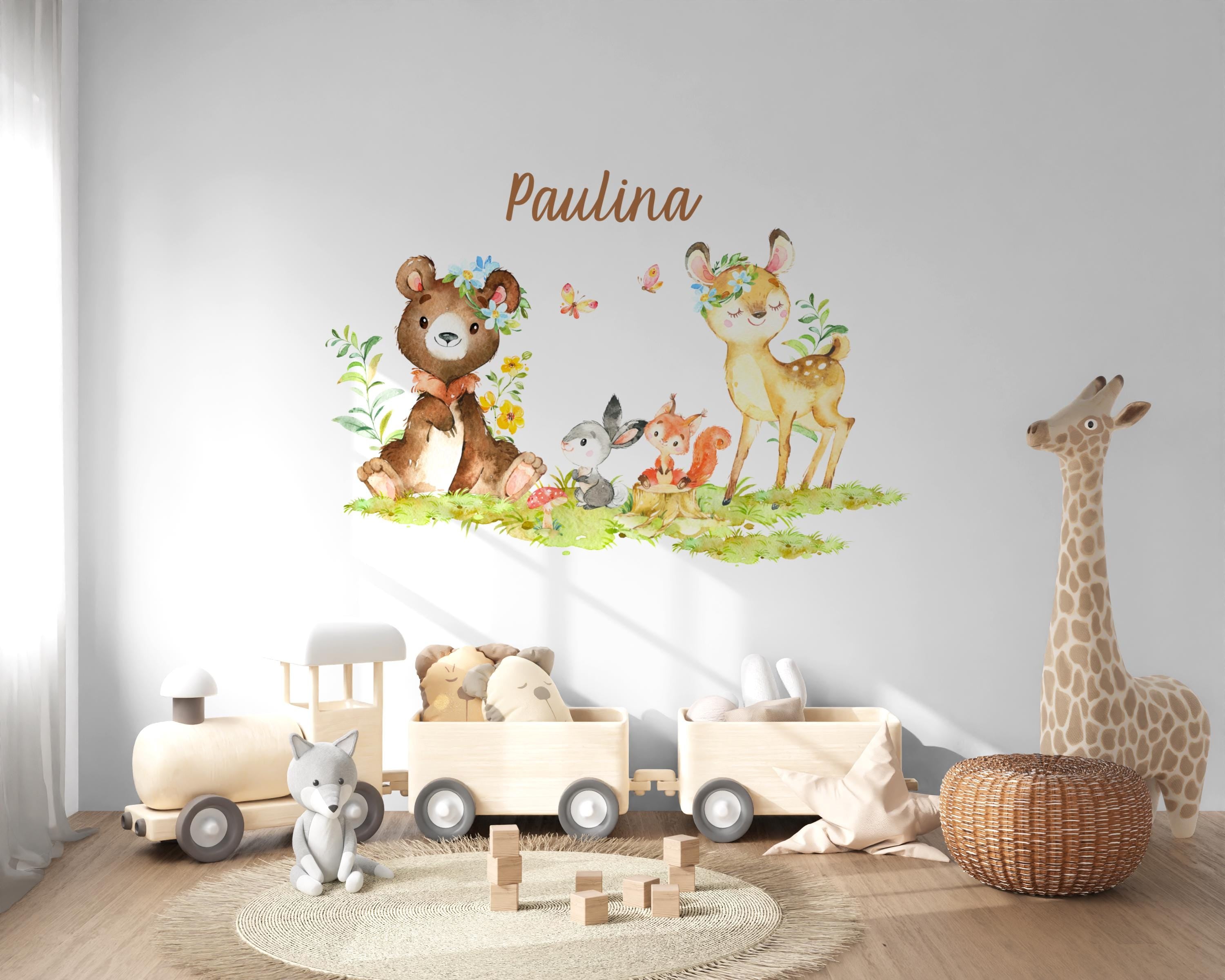 Wandtatoo Wandbild Wandaufkleber Wandsticker personalisiert Kinderzimmerdeko Waldtiere Bär Reh Hase Kinderzimmer