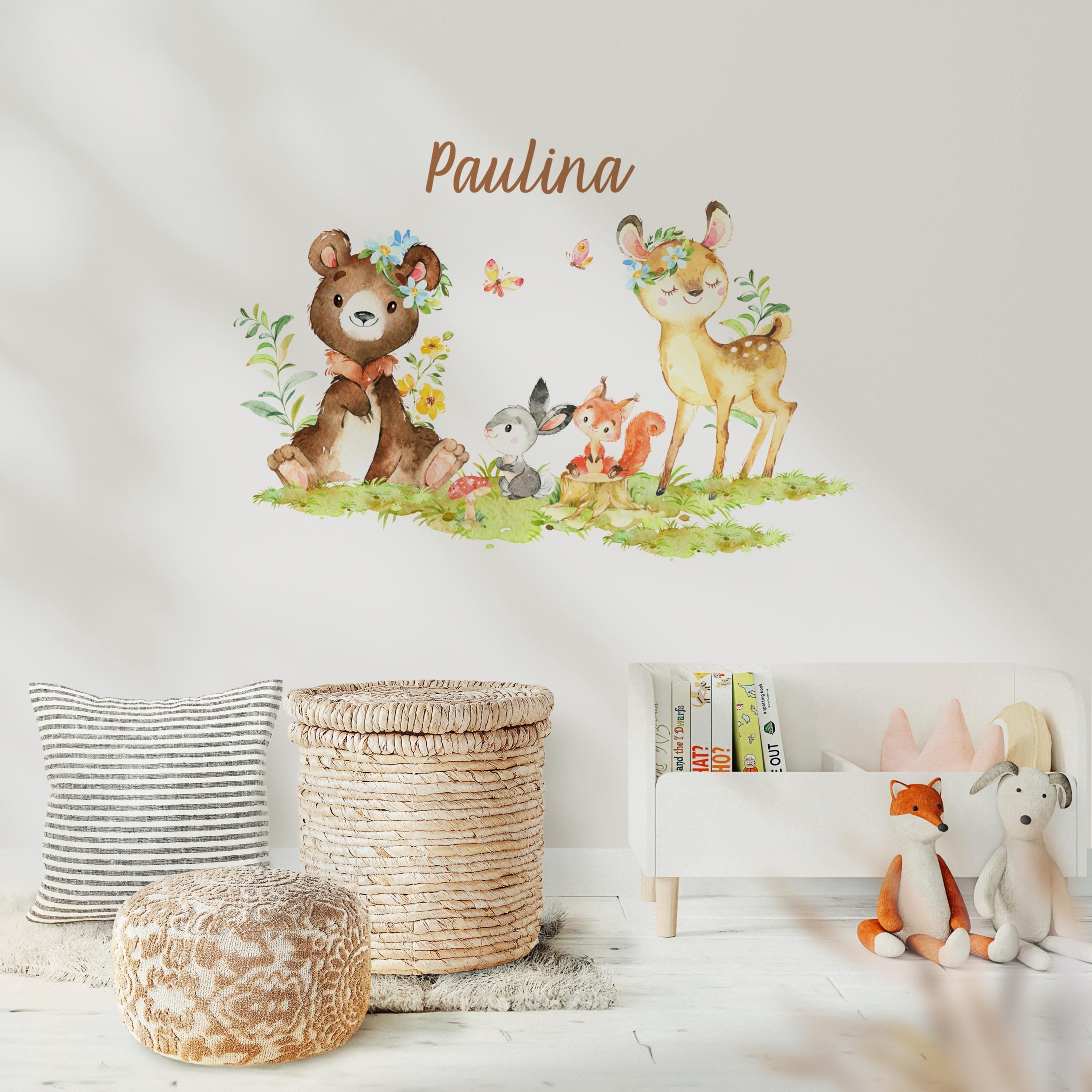 Wandtatoo Wandbild Wandaufkleber Wandsticker personalisiert Kinderzimmerdeko Waldtiere Bär Reh Hase Kinderzimmer