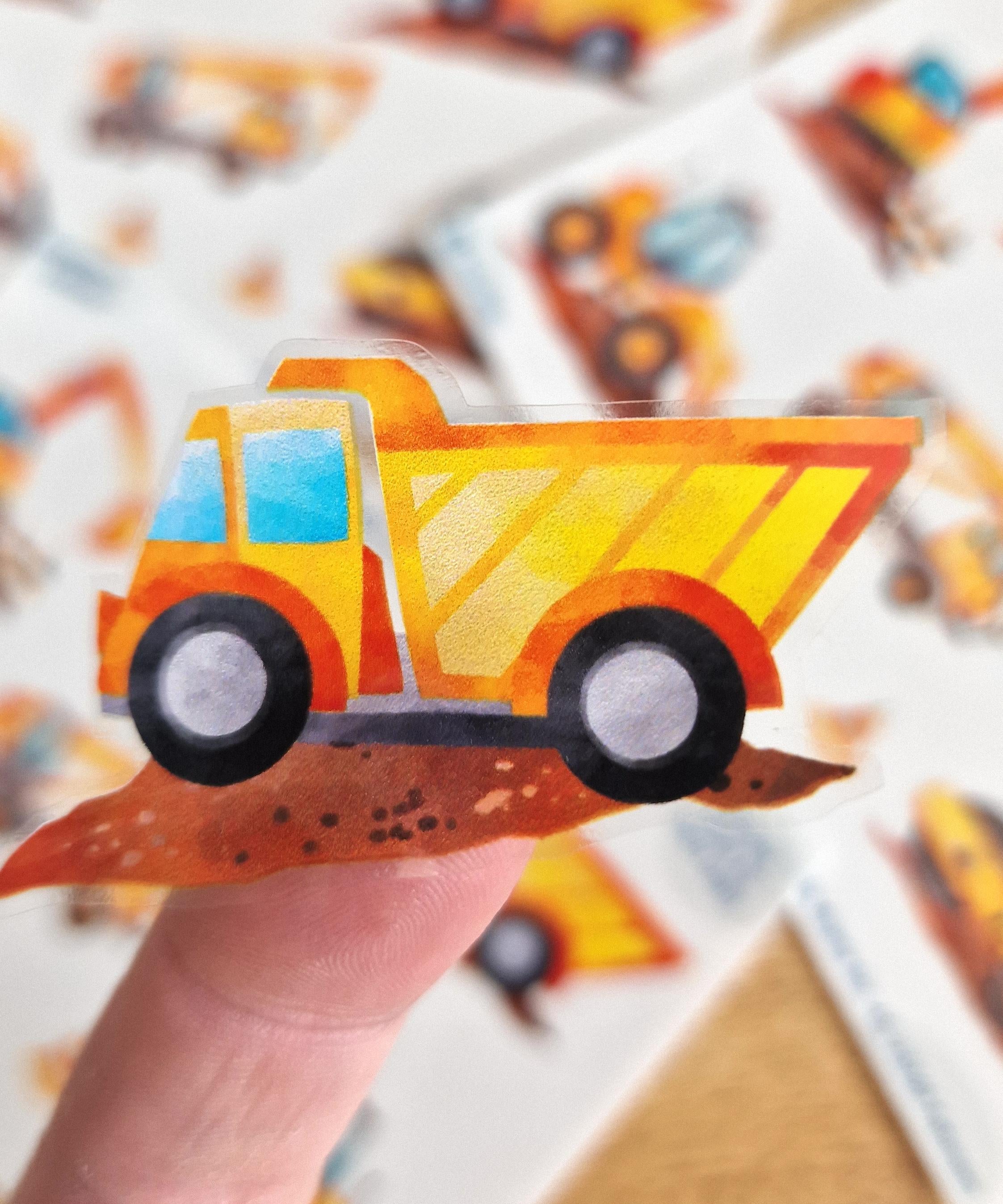 Wasserfeste spülmaschinenfeste Sticker mit Bagger und Radlader – perfekt für Trinkflasche, Brotdose, Fahrradhelm und Kinderartikel. Detailansicht Kipplaster