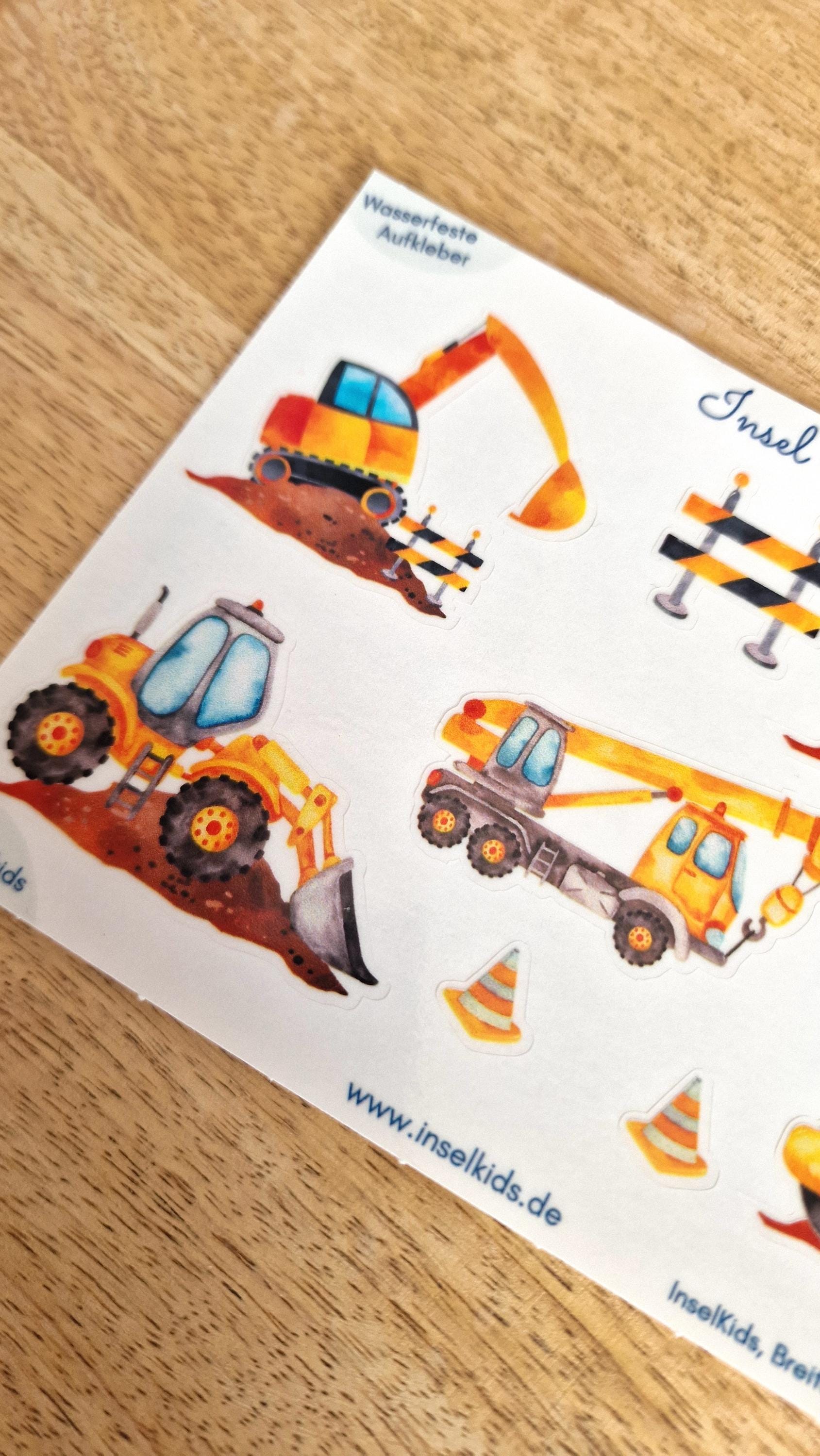 Baustellen-Sticker Set – Bagger, Traktor & Kipplaster – wasserfest und spülmaschinenfest – für Brotdose, Flasche und Helm – Stickers