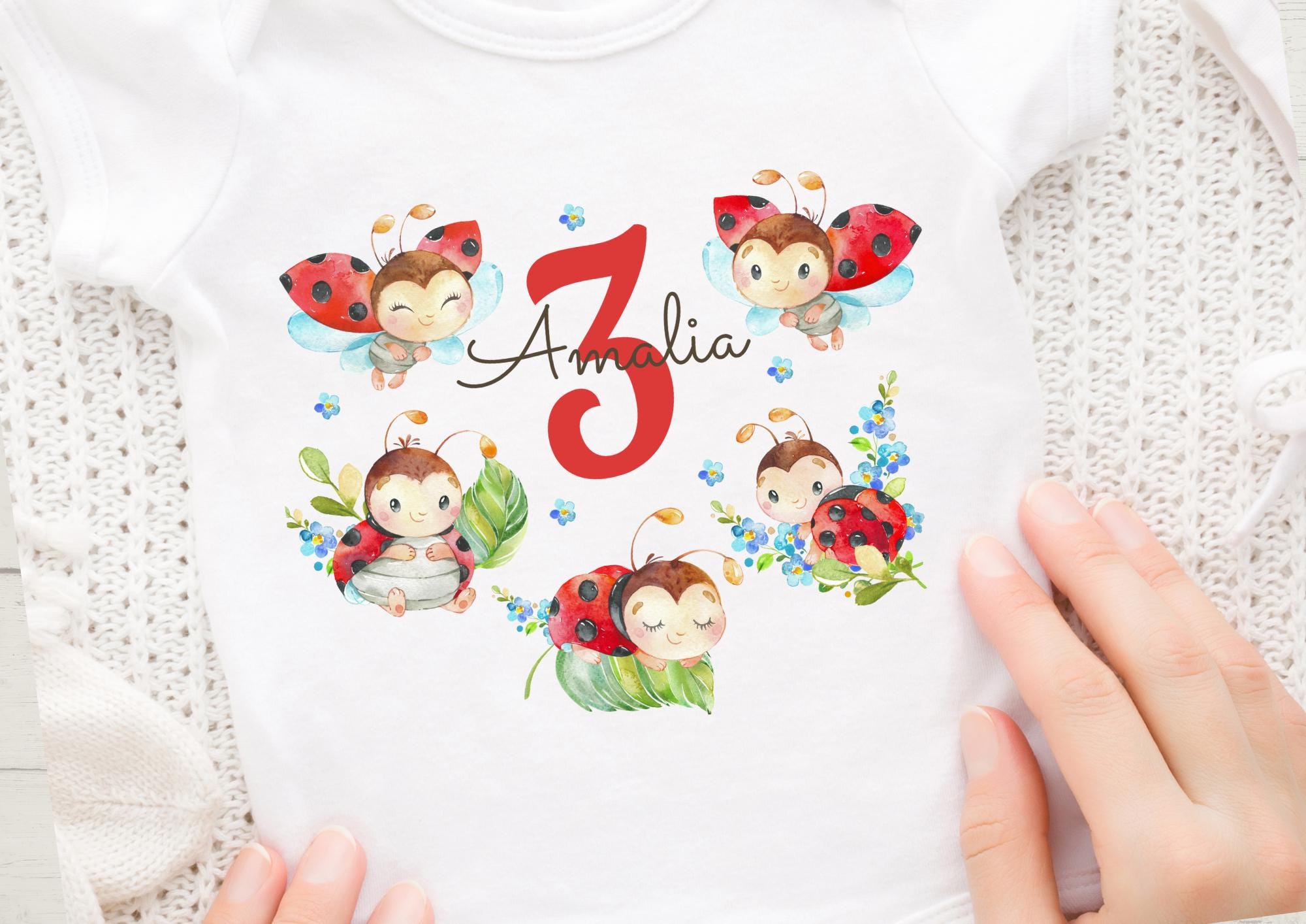 Bügelbild Marienkäfer mit Name & Zahl 3 – personalisiert – Geburtstagsshirt – Aufbügler A5/A4 für geburtstag – transfer – Appliques & Patches