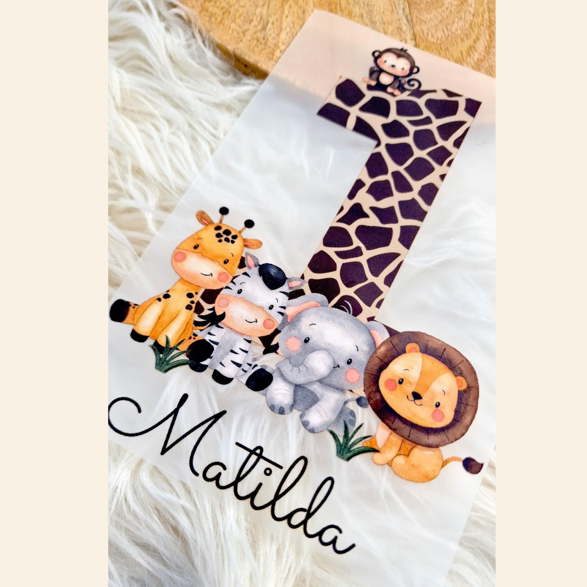 Bügelbild mit Wunschname und Alter personalisiert Dschungel Löwe Giraffe Zebra Safari Safaritiere Dschungeltiere Wild One