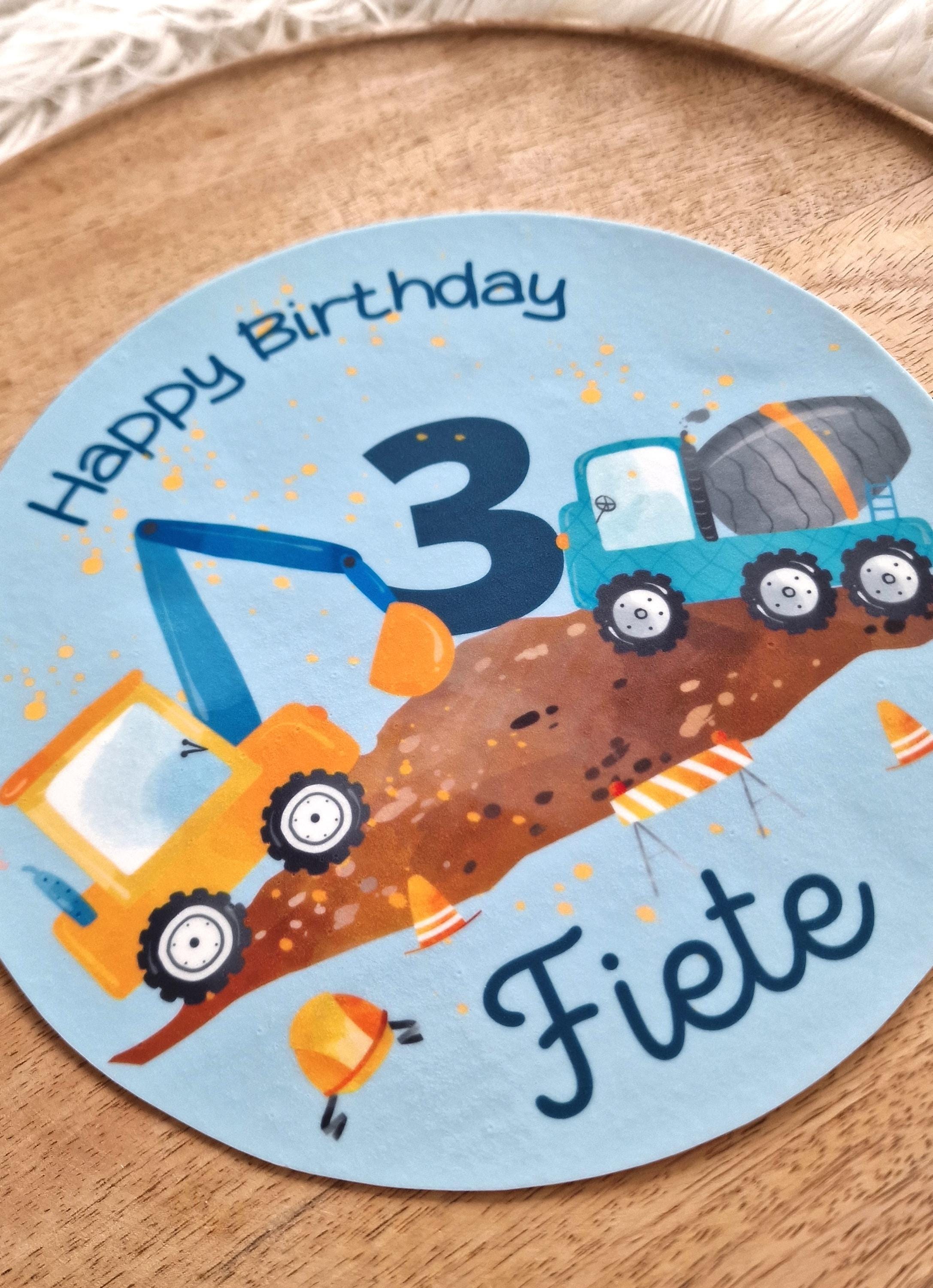 Tortenaufleger Radlader & Betonmischer – personalisiert mit Name und Alter – Fondantbild in Blau – Baustellenparty für den geburtstag – Party Decor