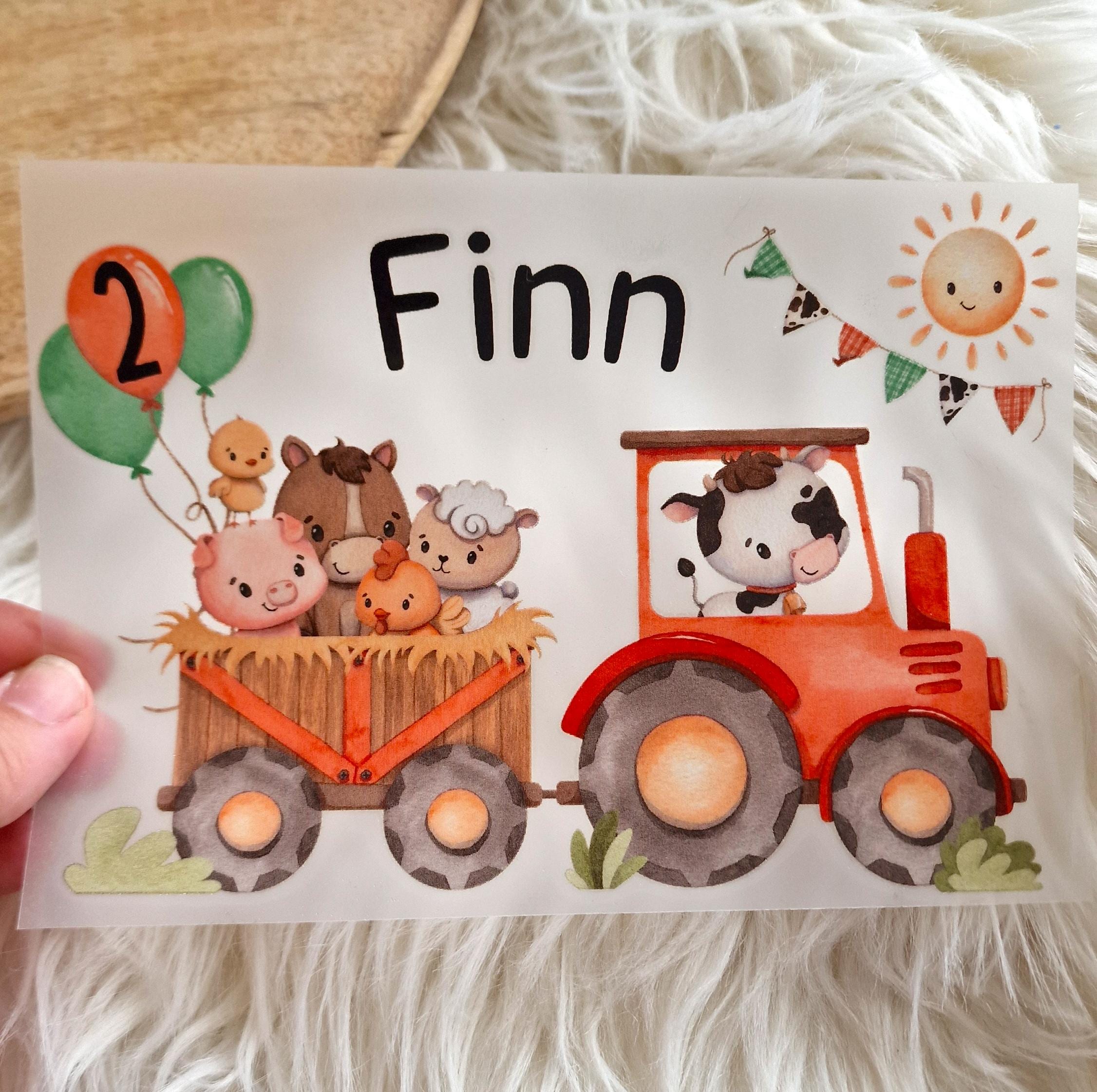 Bügelbild mit Traktor, Kuh, Schaf und Pferd – personalisiert mit Name und Alter – Kindergeburtstag DIY Applikation