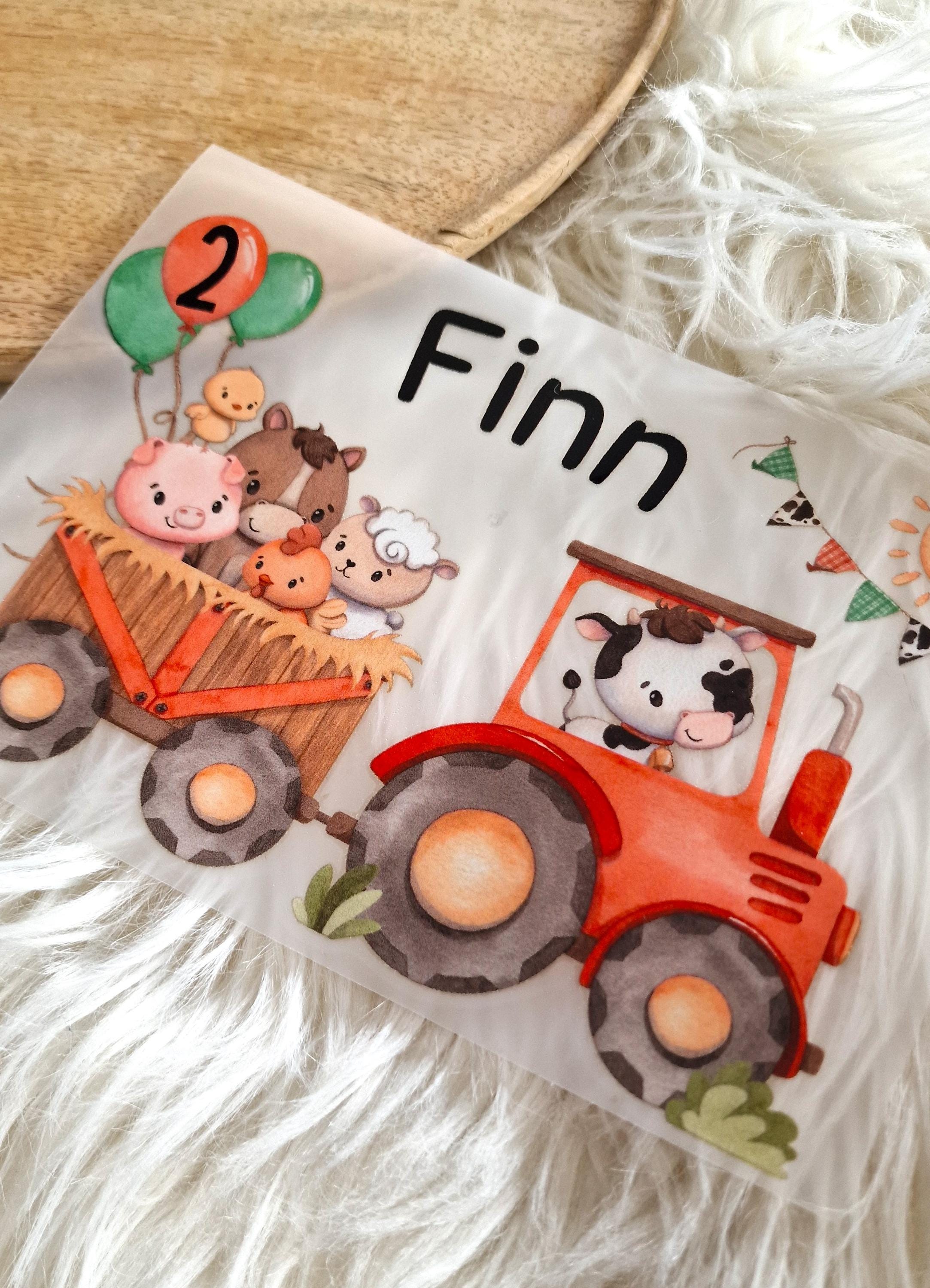 Bügelbild mit Wunschname und Alter personalisiert Traktor Trecker Bauernhof Bauernhoftiere Schaf Pferd Kuh