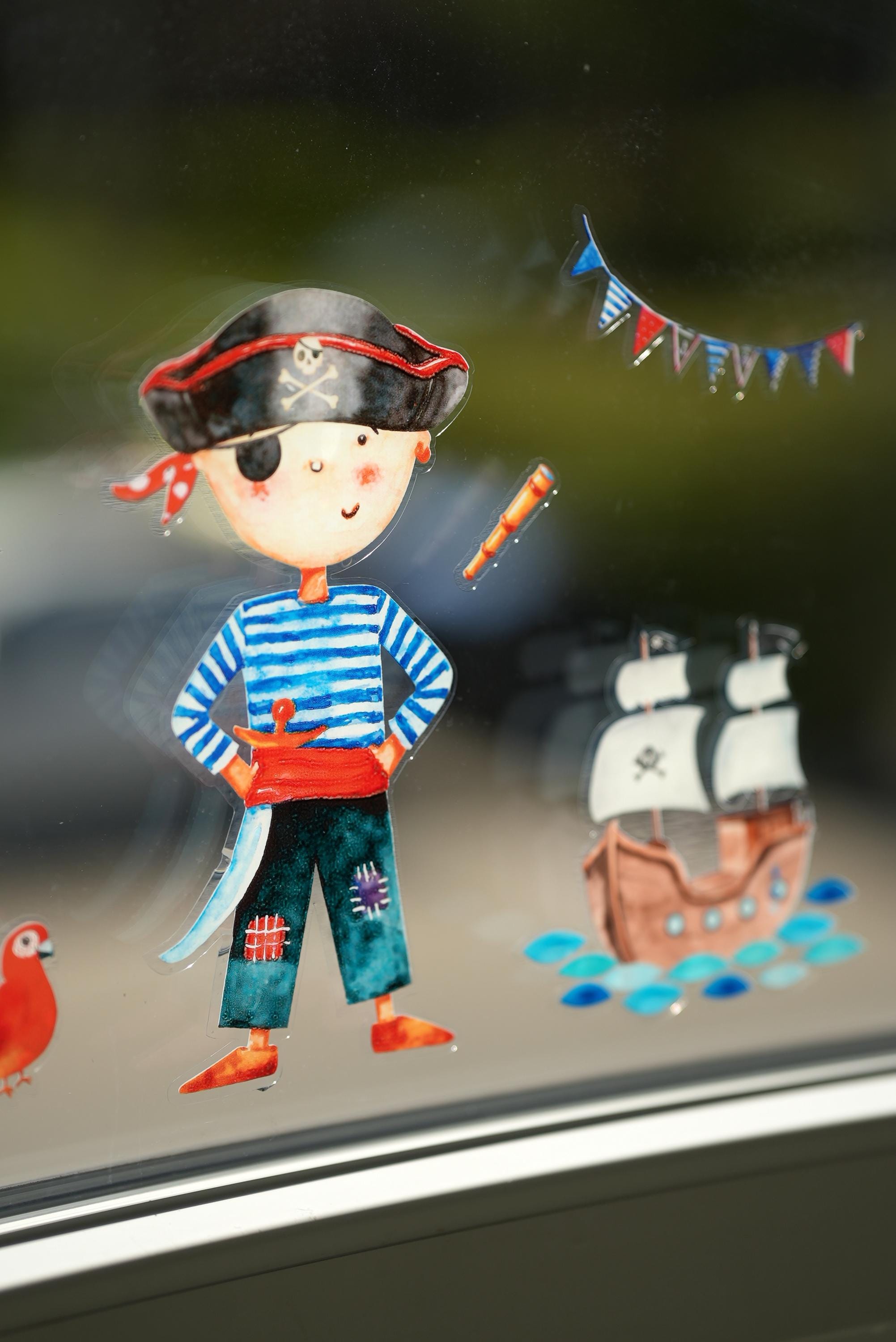 Wiederverwendbares Fensterbild Pirat zimmer – Fensterdeko ohne Kleber – statisch haftend – Piratenschiff Schatztruhe Palme – 