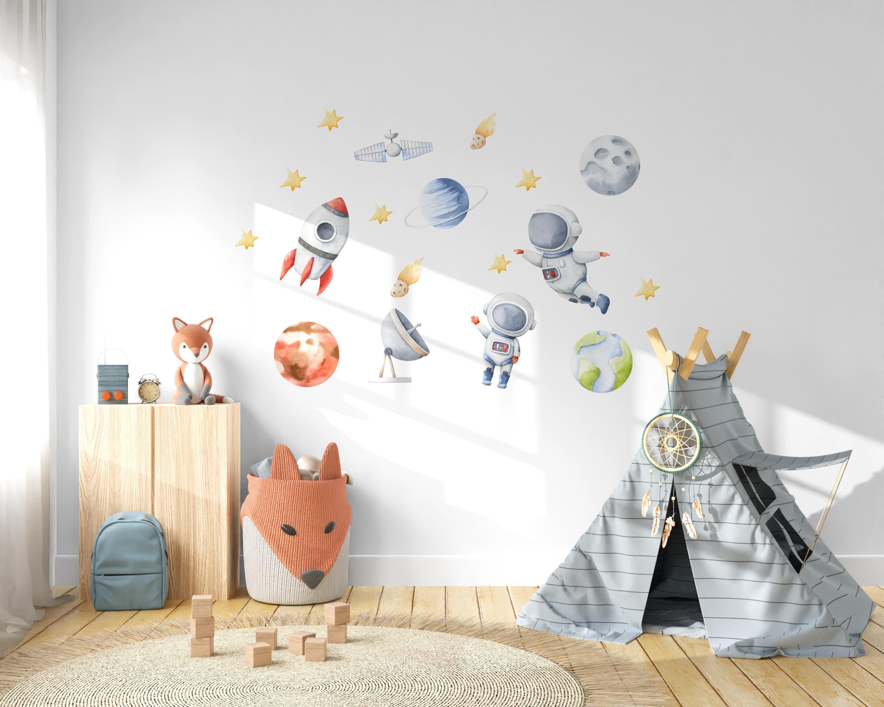 Wandtattoo Astronaut & Rakete – Weltall Wandsticker – Planeten Deko zimmer – Geschenkidee ohne Personalisierung – A3 A2 A1 – Wall Decals & Murals