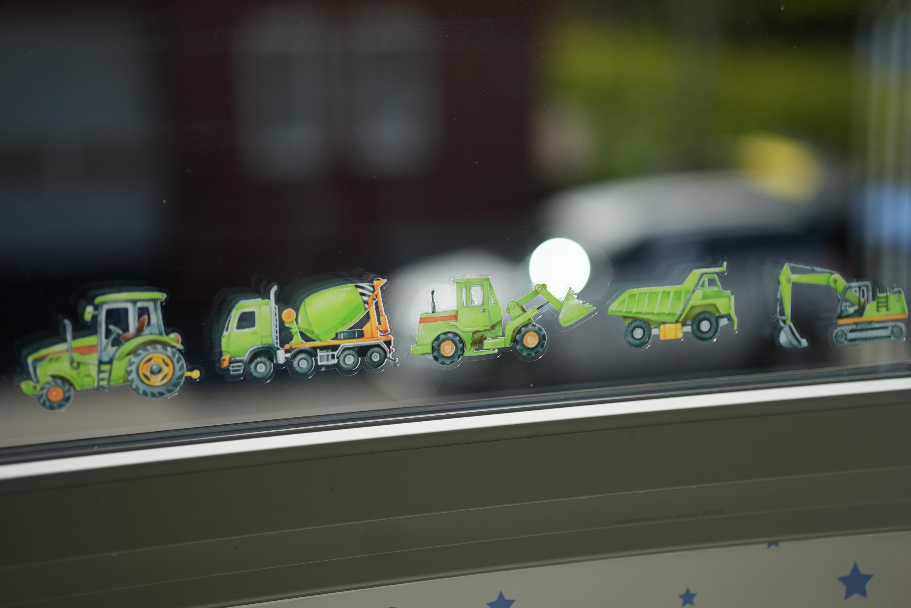 Fensterbild Bagger grün – Traktor Fenstersticker zimmer – Baustellenfahrzeuge statisch haftend – 
