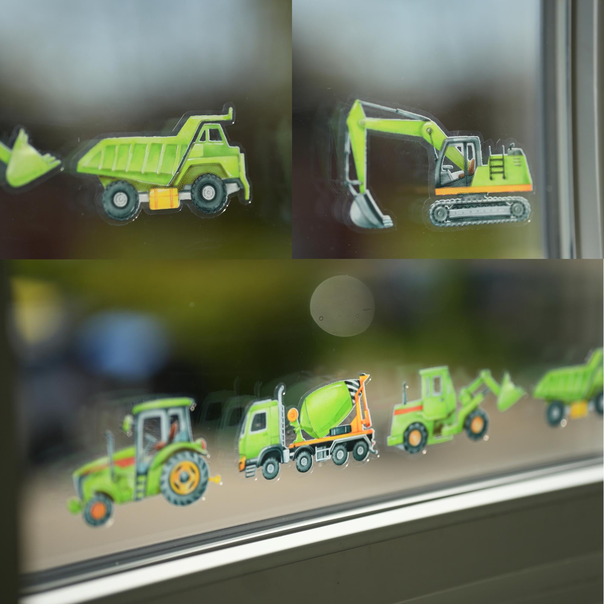 Fensterbild Bagger grün – Traktor Fenstersticker zimmer – Baustellenfahrzeuge statisch haftend – 