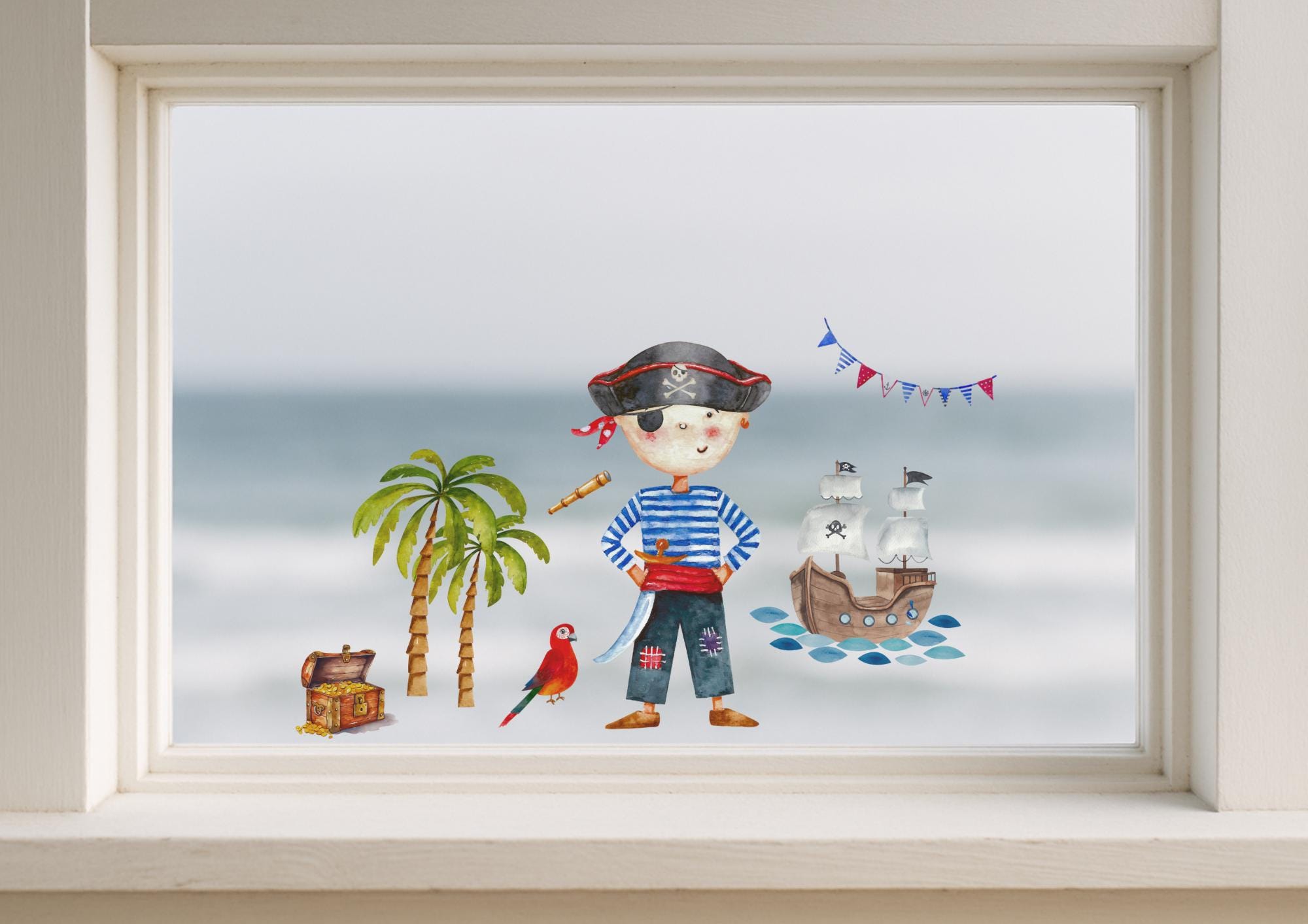 Wiederverwendbares Fensterbild Pirat zimmer – Fensterdeko ohne Kleber – statisch haftend – Piratenschiff Schatztruhe Palme – 