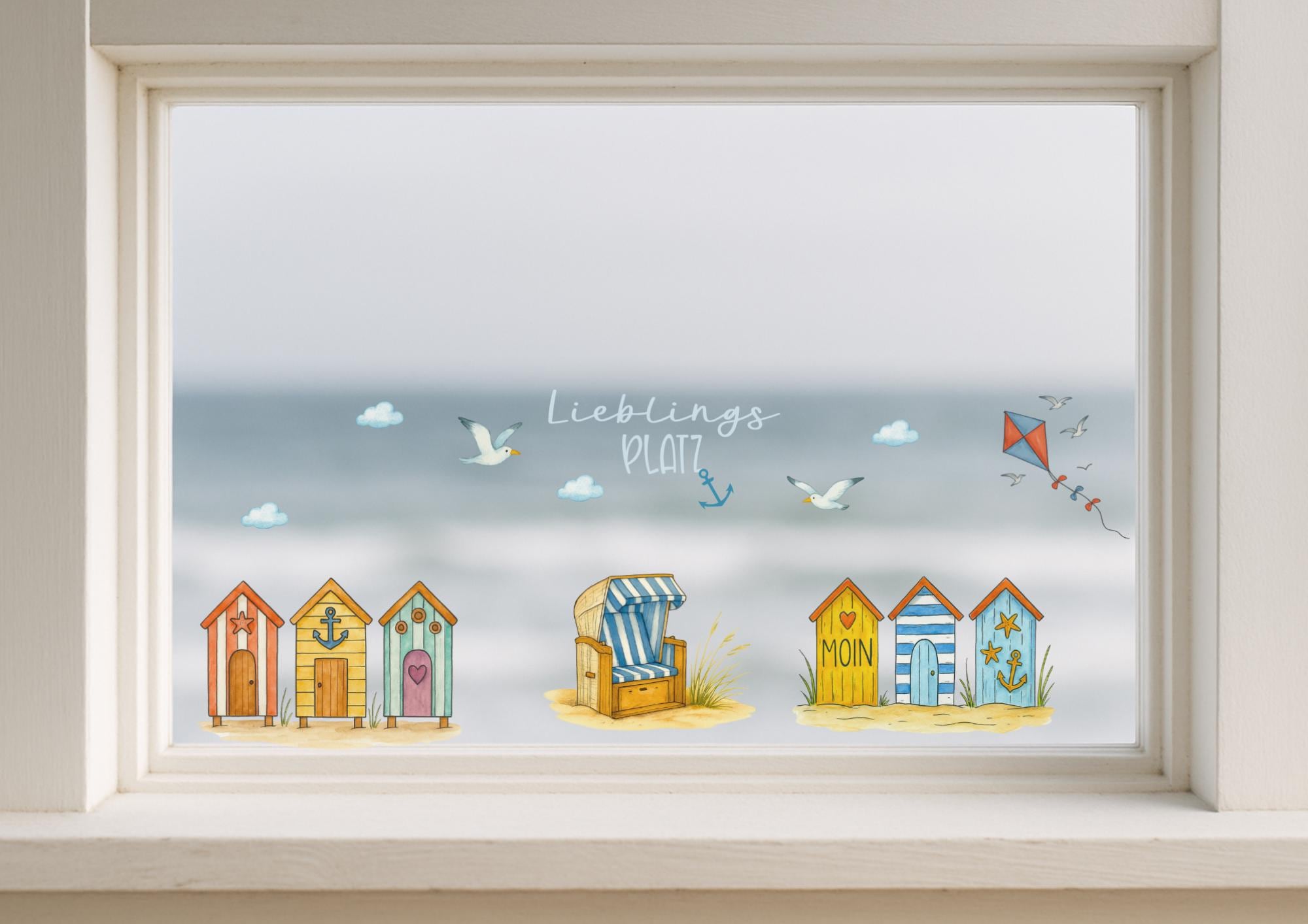 Fensterbild Strandhaus – statisch haftend & wiederverwendbar – Sommerdeko Fenster Meer – maritime Fensterdeko Küche, Bad, Flur, Ferienhaus – 