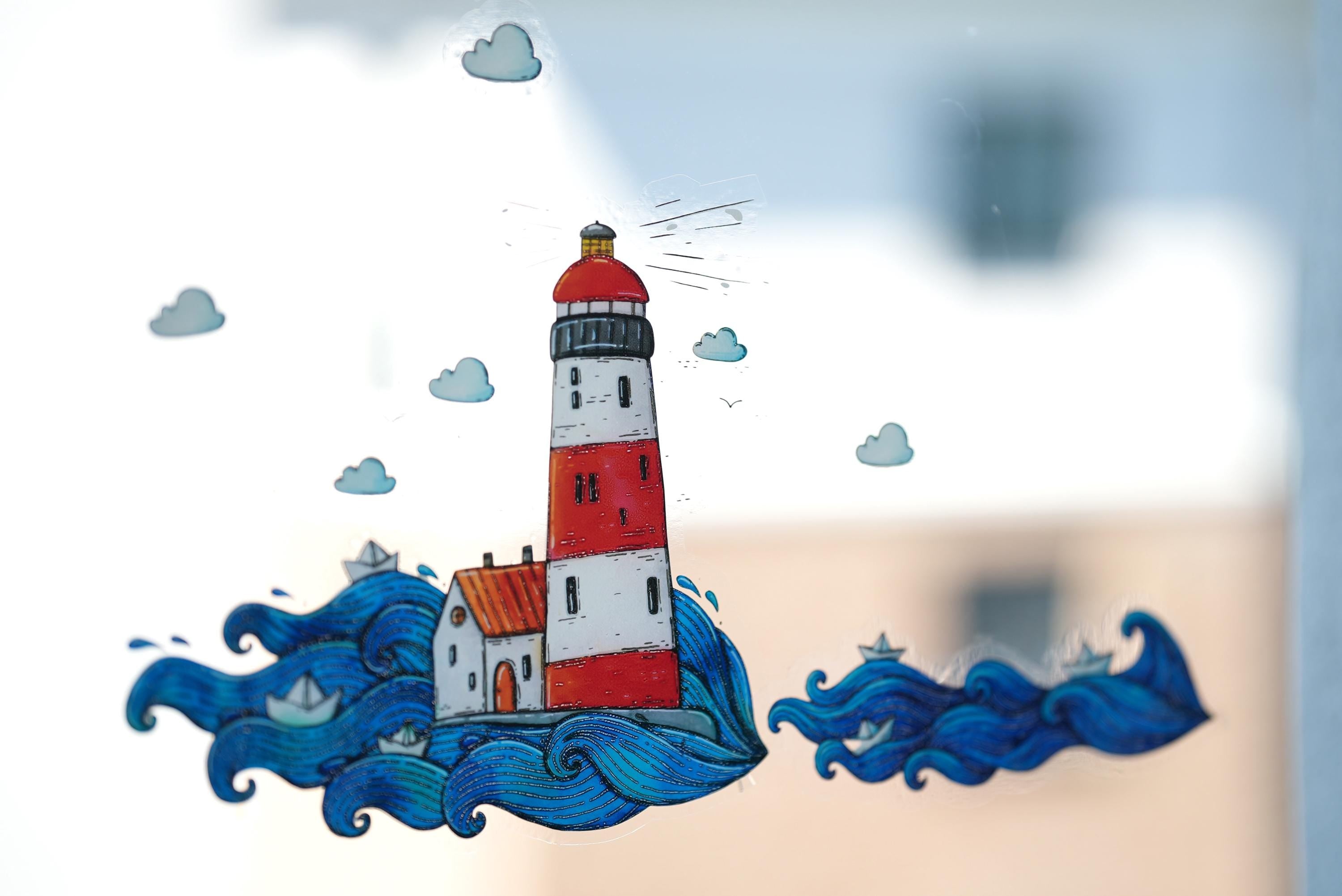 Fensterbild Leuchtturm – statisch haftend & ohne Kleber – maritime Fensterdeko Sommer – für Glastür, Fenster und Ferienhaus – 