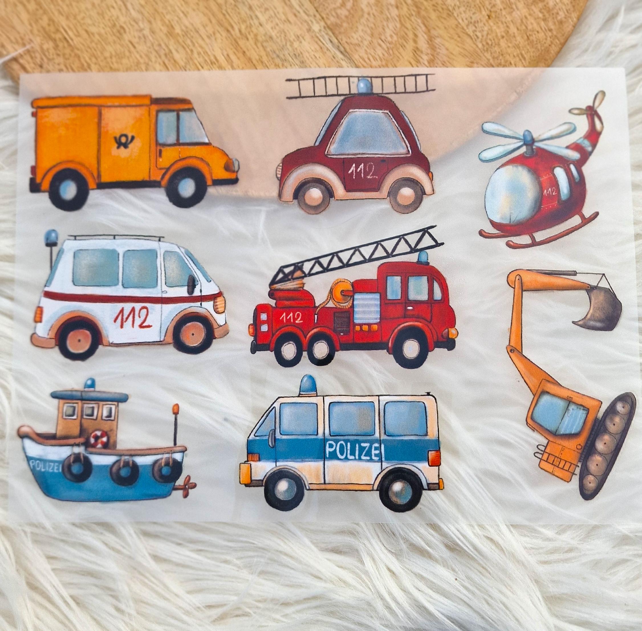 Set Bügelbild Feuerwehr Polizei Applikation Fahrzeuge Autos Dschungeltiere Waldtiere zum Veredeln von Shirts Hosen Kleidung DTF Druck