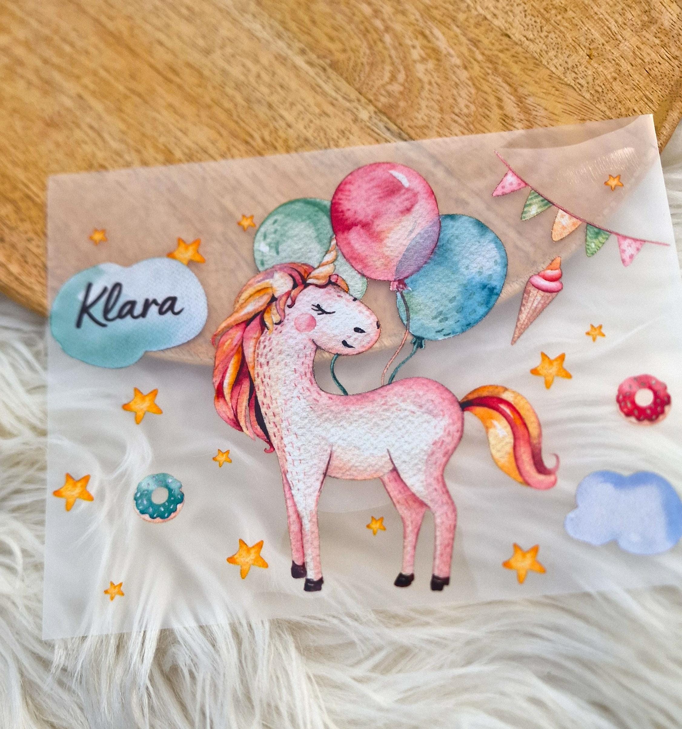 Bügelbild mit Wunschname und Alter personalisiert Geburtstagsshirt Einhorn Luftballons Glitzerstaub Regenbogen