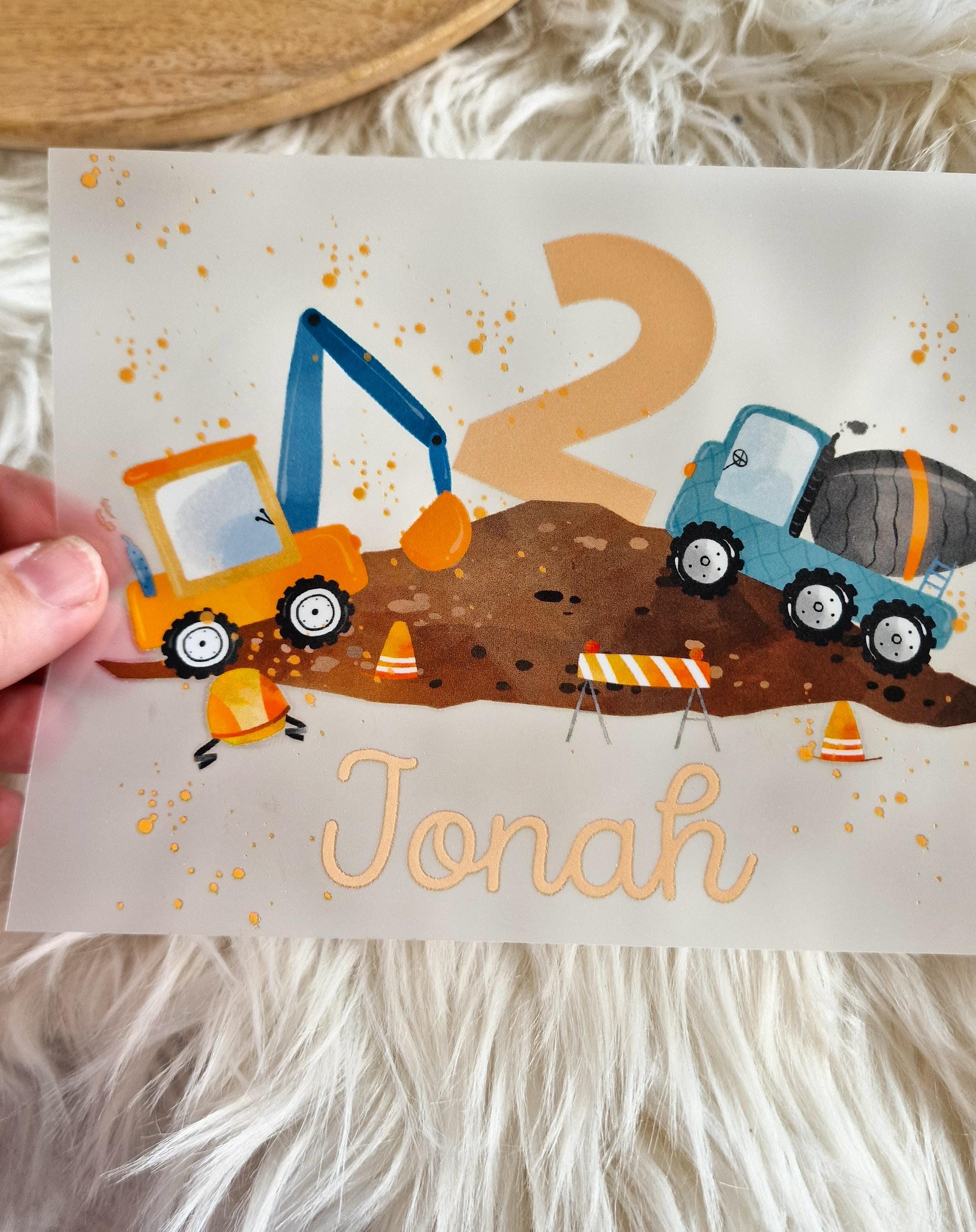 Bügelbild für bunte Stoffe mit Wunschname und Alter personalisiert Fuchs Geburtstagsshirt Bagger Baustelle Baustellenfahrzeuge Bauarbeiter