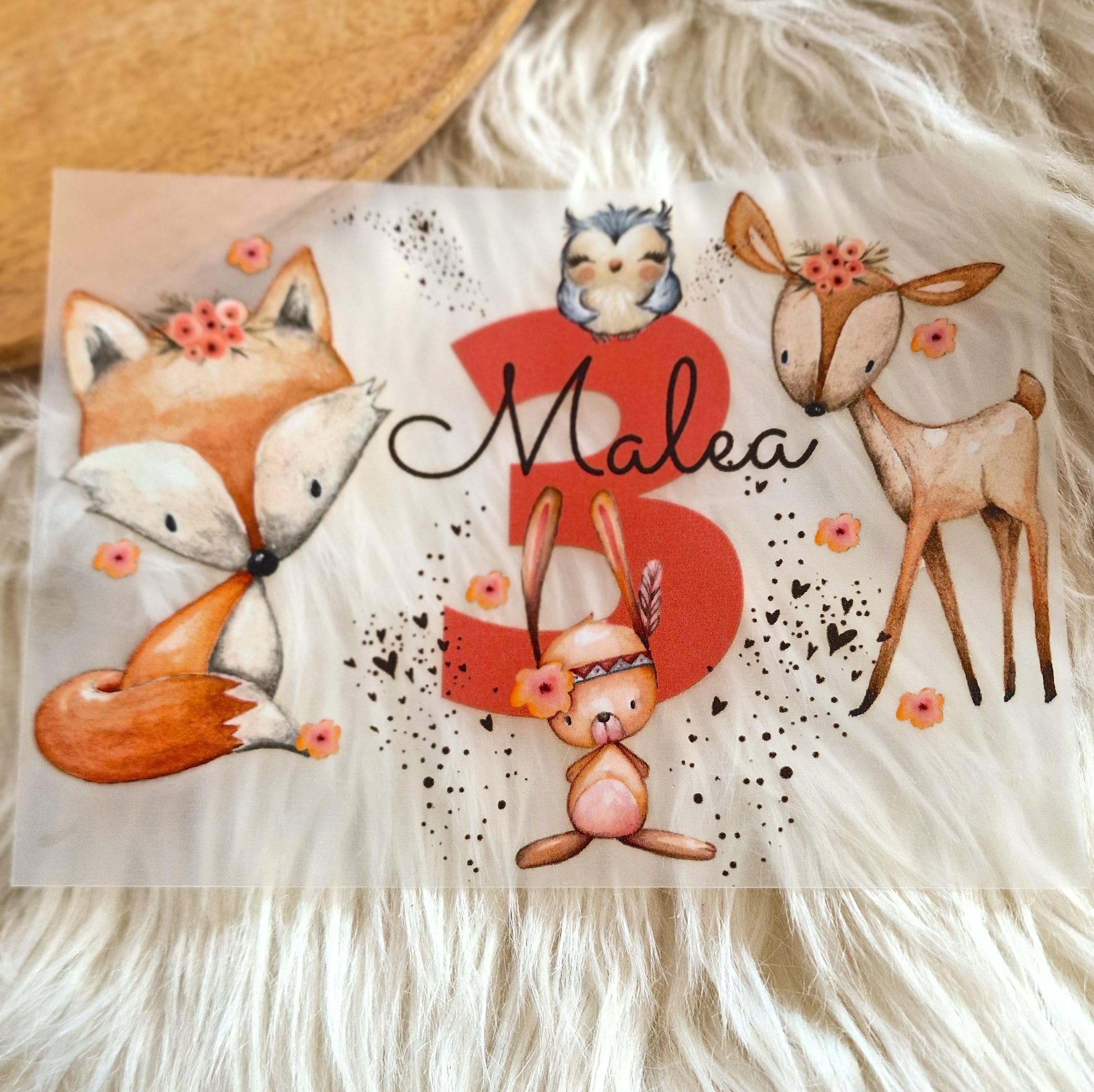 Bügelbild mit Wunschname und Alter personalisiert Fuchs Geburtstagsshirt Waldtiere Fuchs Reh Hase