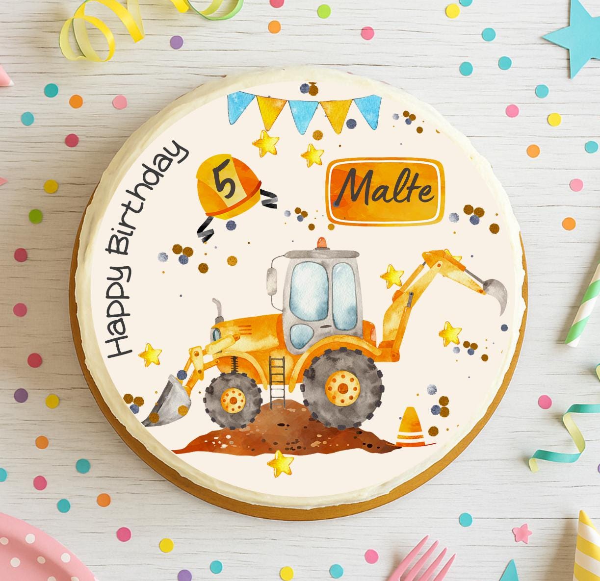 Tortenaufleger Radlader – Fondantbild personalisiert – Geburtstag – Baustelle & Bauarbeiter – n – rund 20 cm – Party Decor