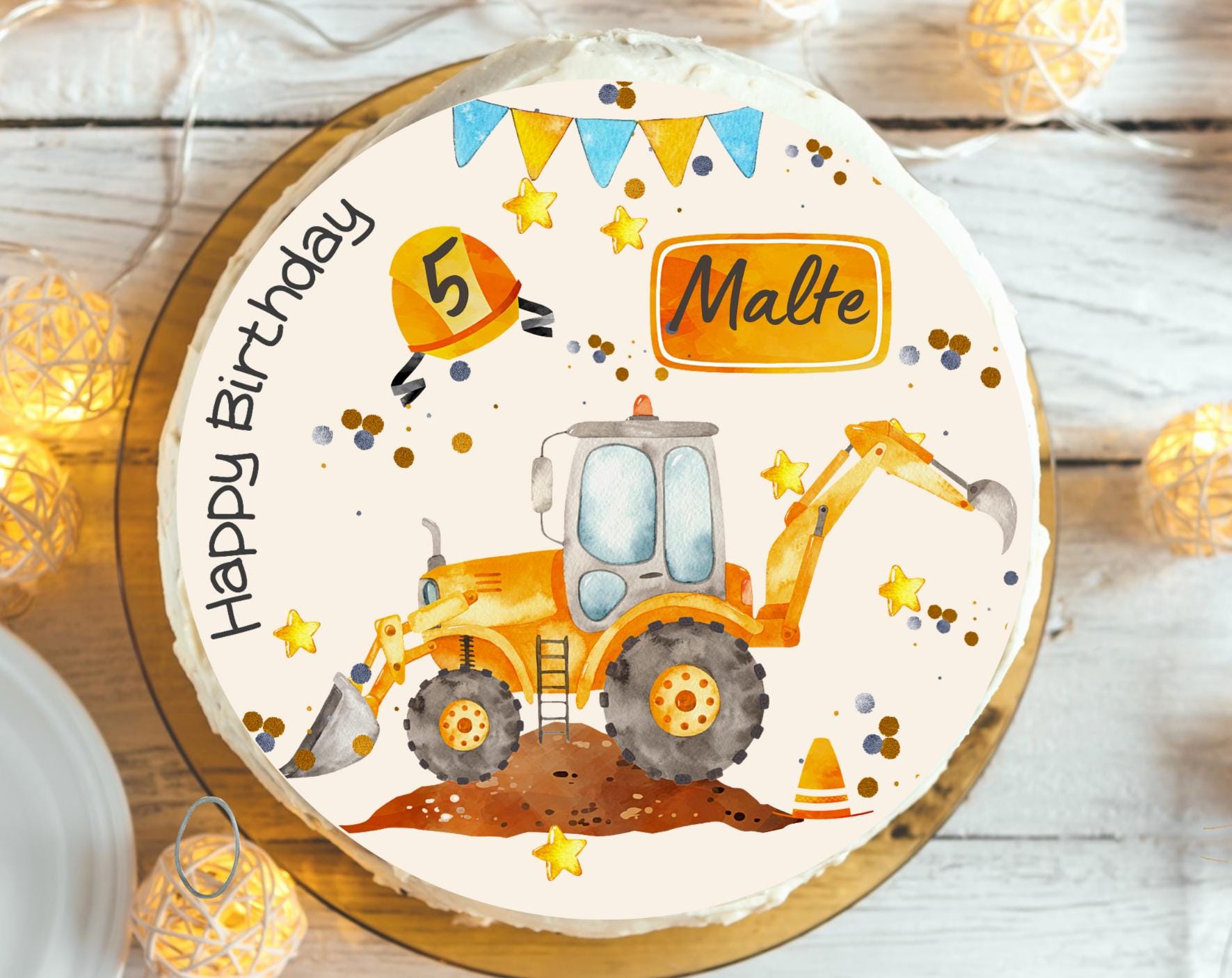 Tortenaufleger Radlader – Fondantbild personalisiert – Geburtstag – Baustelle & Bauarbeiter – n – rund 20 cm – Party Decor