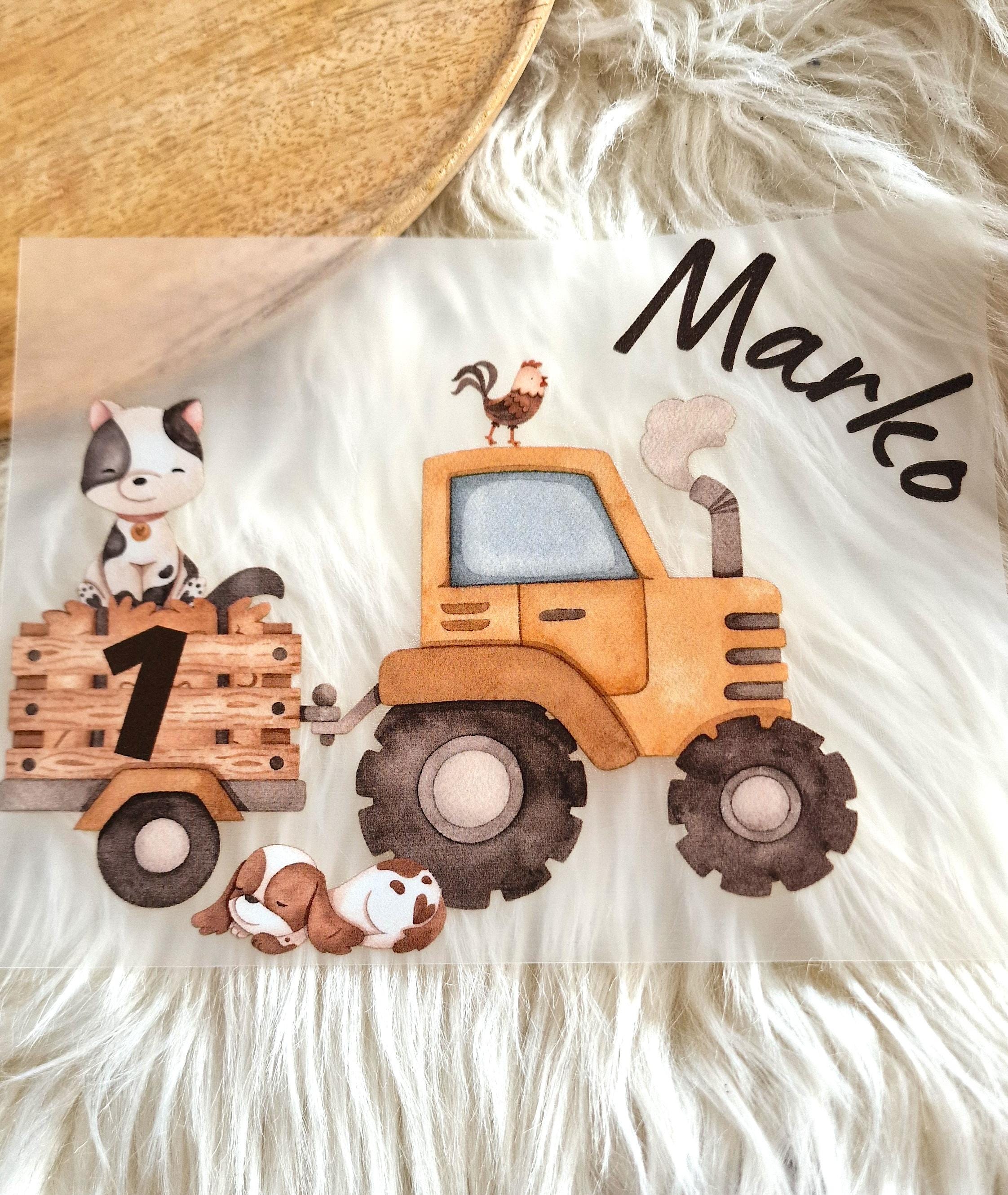 Bügelbild Traktor Bauernhof Hund Katze Geburtstag personalisiert mit Name und Alter für Kinder T-Shirt Geschenk Bauernhoftiere Geburt Taufe DIY
