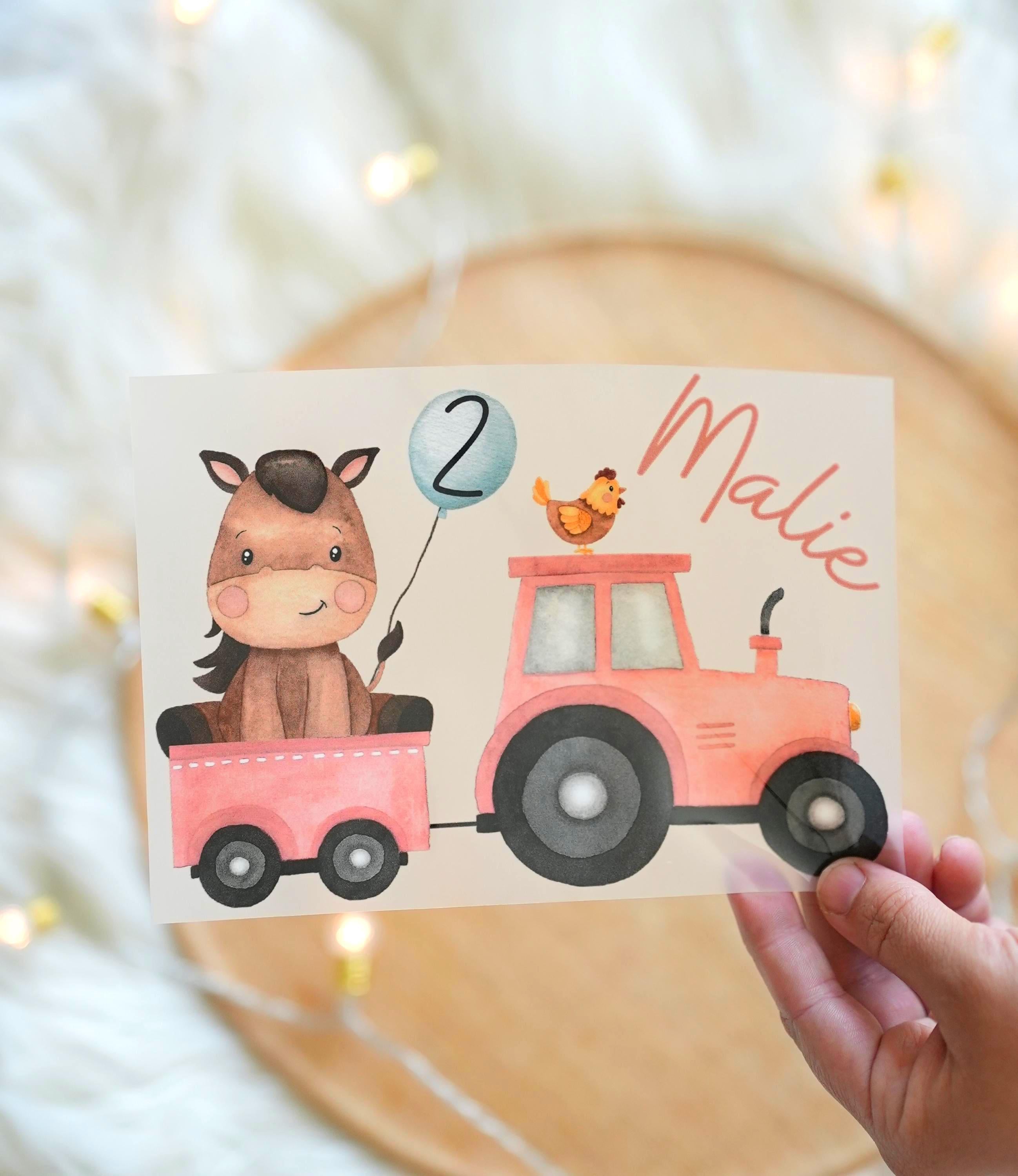 Bügelbild rosa Traktor mit Pferd – personalisiert mit Name – Bauernhof-Motiv für – Geburtstagsshirt A4/A5 – Appliques & Patches