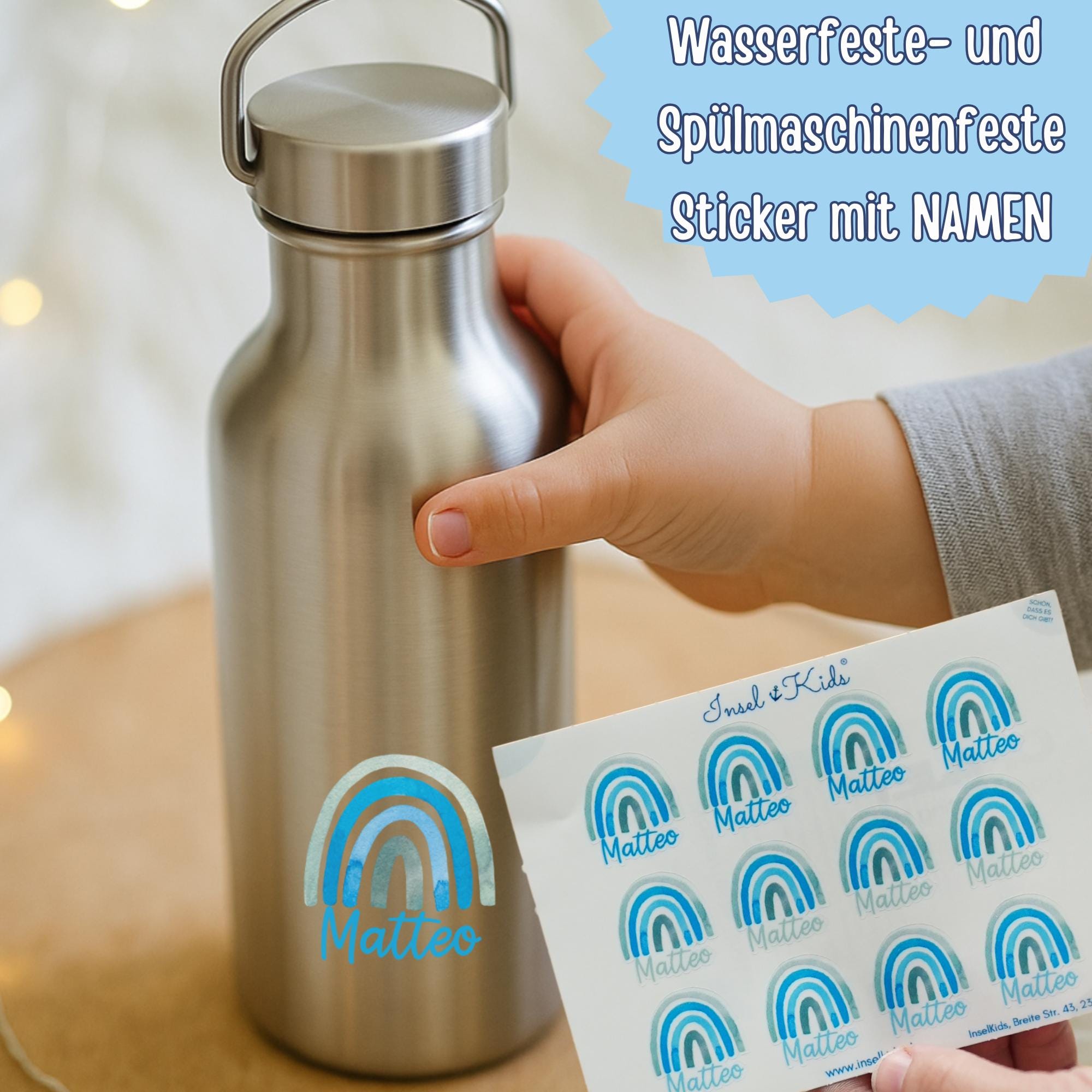 Namenssticker blau-grün – personalisiert für n – Regenbogen Design – spülmaschinenfest & wasserfest – Kita Schule – A6 A5 A4 – Stickers