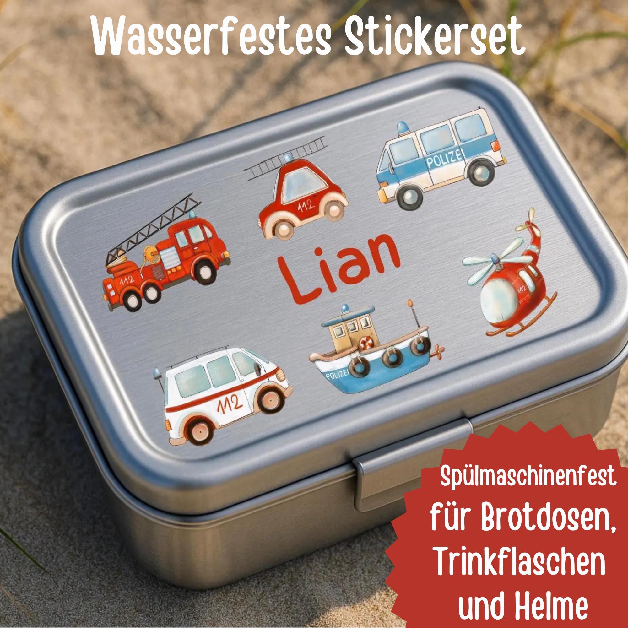 Fahrzeug-Sticker mit Namen – Feuerwehr, Polizei – spülmaschinenfest für Brotdose & Trinkflasche – Stickers