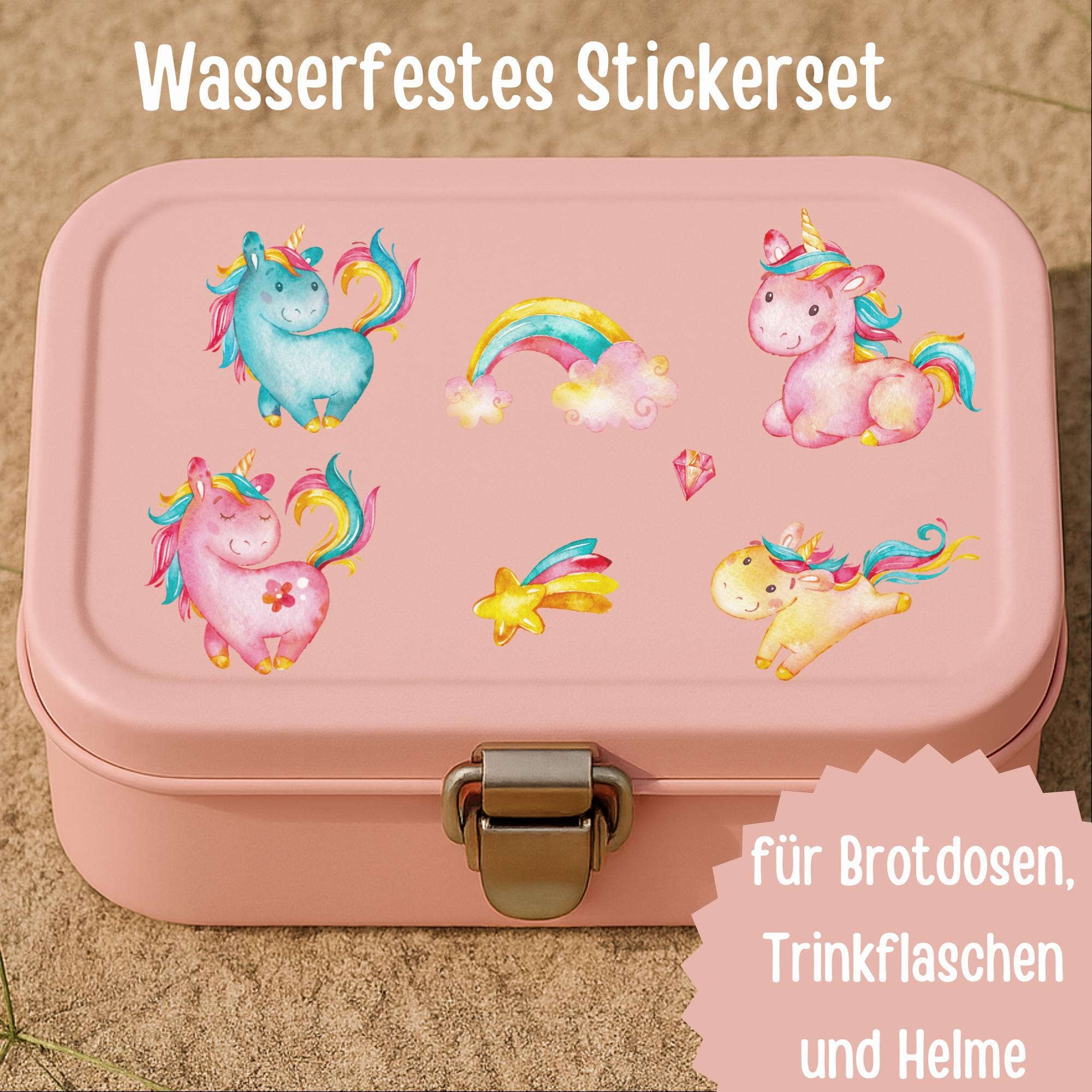 Einhorn Sticker Set – spülmaschinenfest & wasserfest – für Brotdose, Flasche und Helm – Vinyl A6–A4 – Stickers