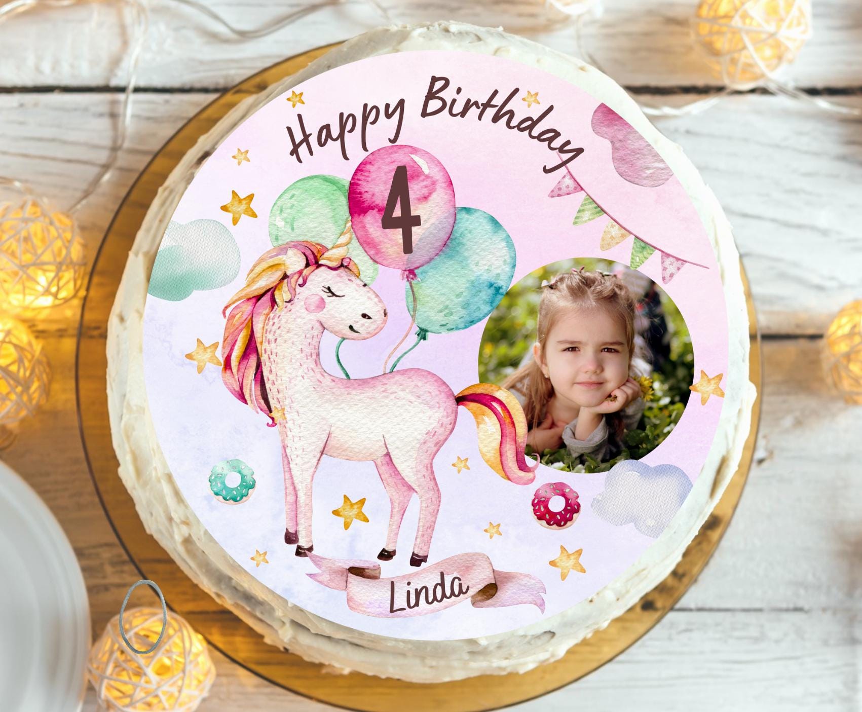 Tortenaufleger Einhorn mit Foto – personalisiert mit Name & Alter – essbares Fondantbild Ø 20 cm – für geburtstag – Party Decor