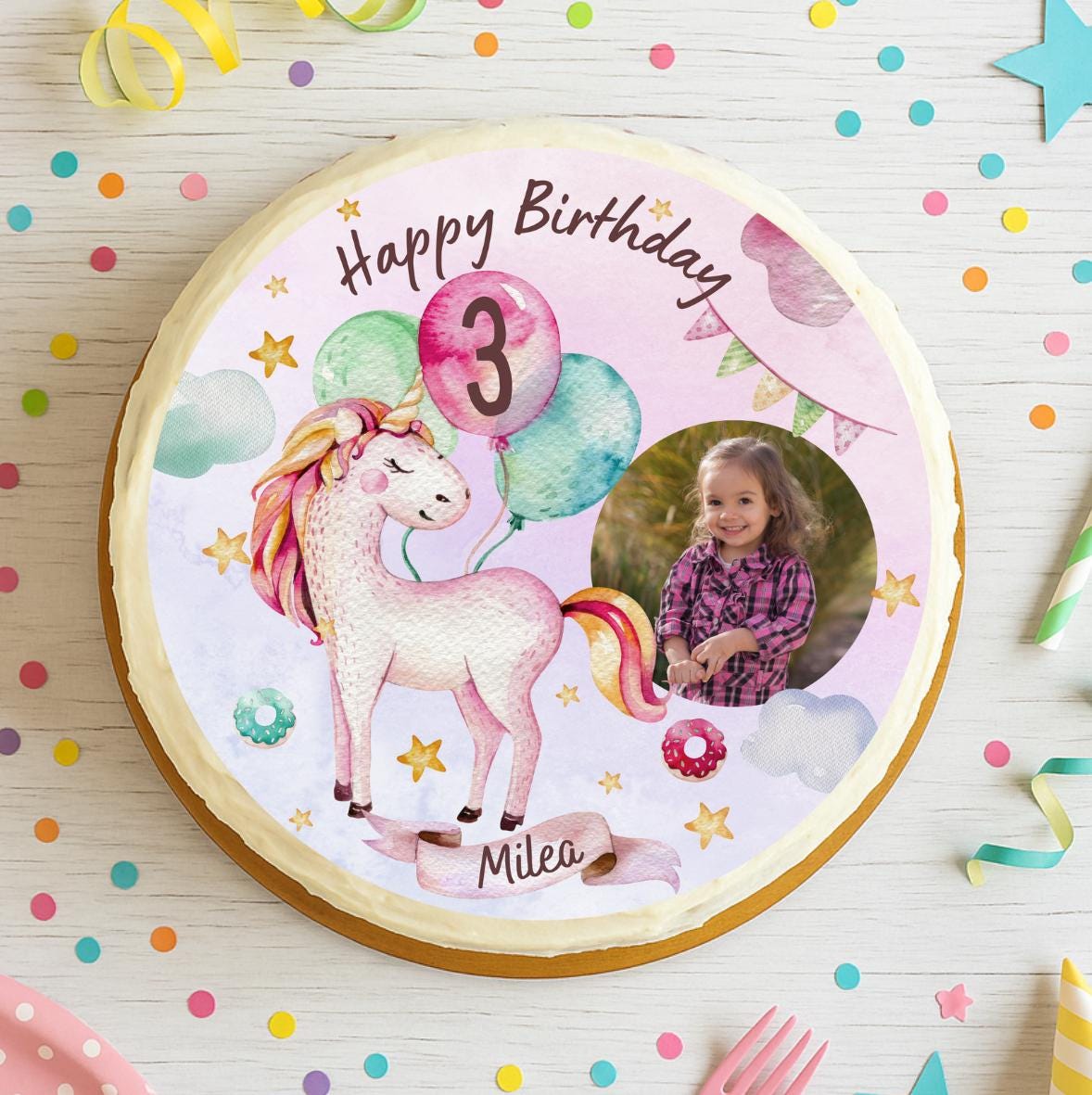 Tortenaufleger Einhorn mit Foto – personalisiert mit Name & Alter – essbares Fondantbild Ø 20 cm – für geburtstag – Party Decor