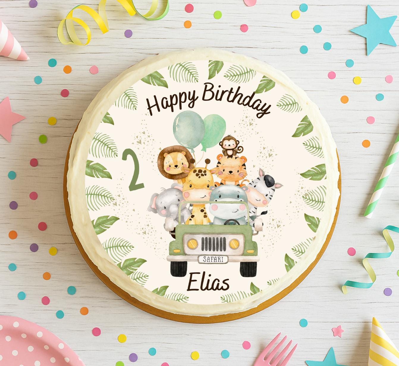 Safari Tortenaufleger personalisiert – Fondantbild mit Name & Alter – Löwe Elefant Dschungeltiere – Wild One – Party Decor
