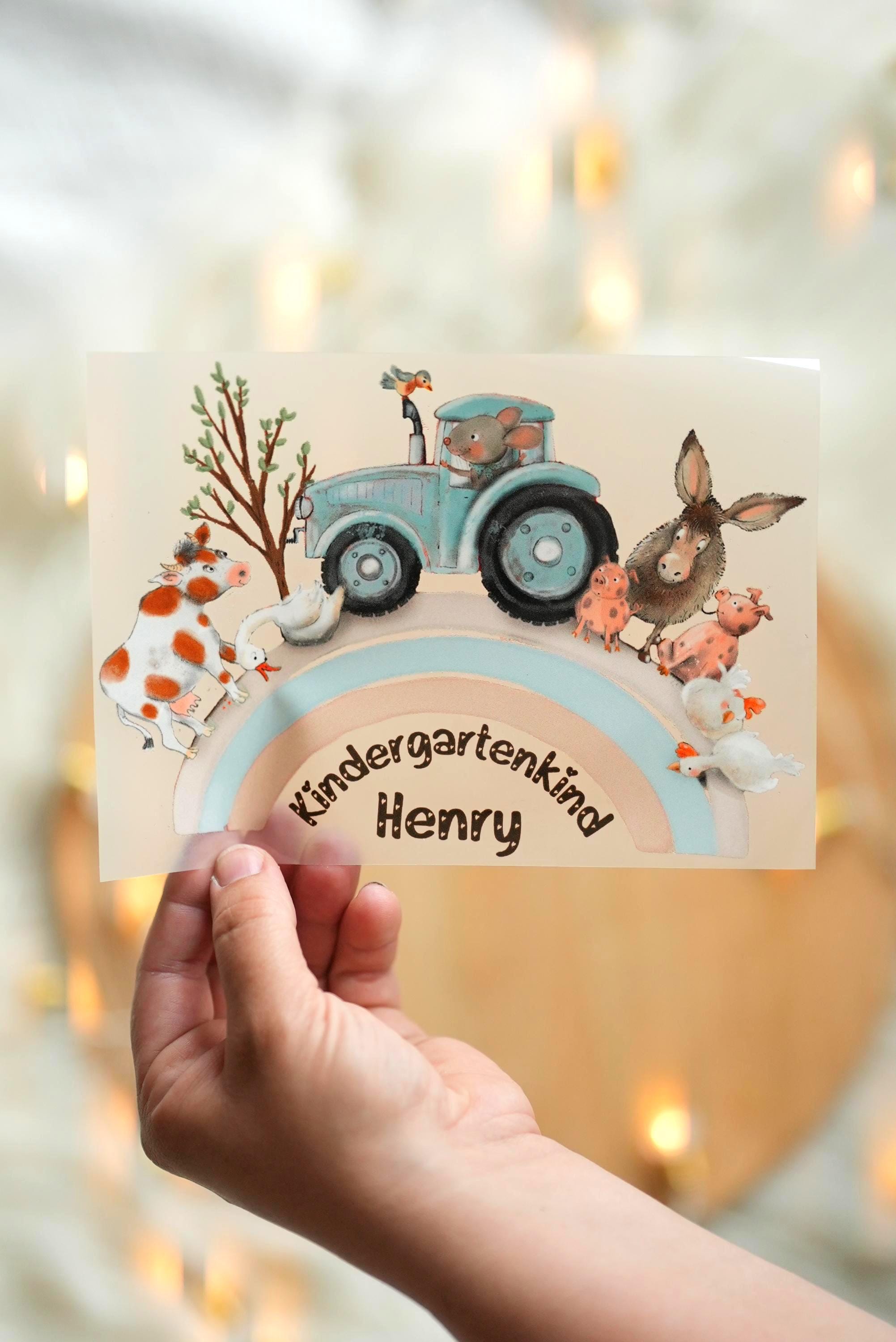 Bügelbild gartenstart – mit Name & Alter – Traktor, Bauernhof, Regenbogen – personalisiert für n und – A5 oder A4 – Appliques & Patches