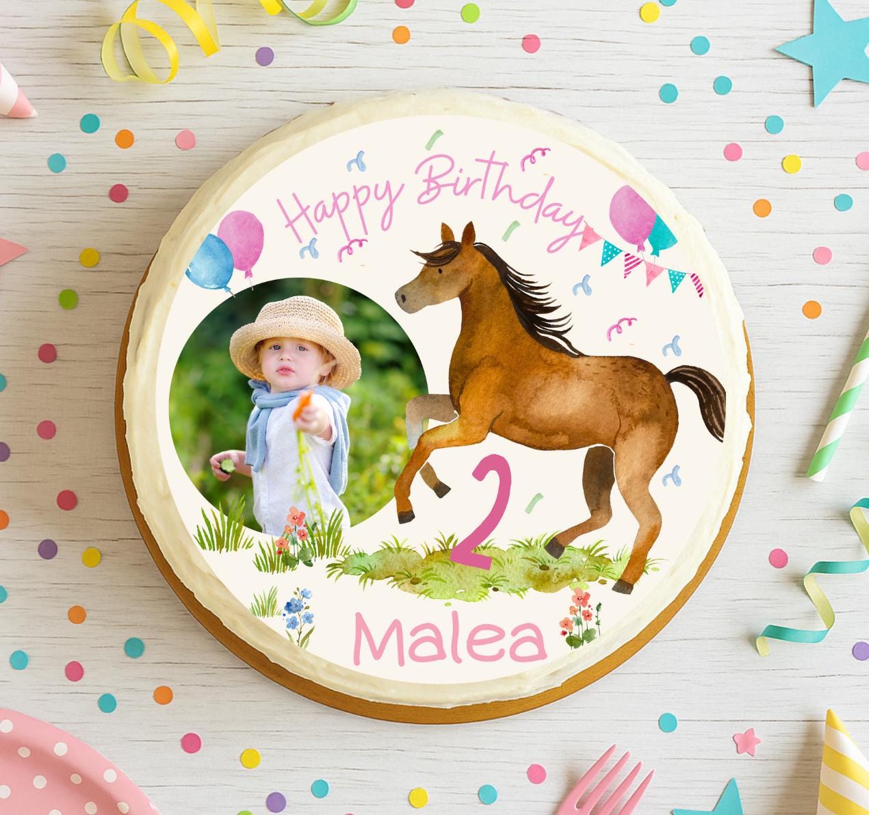 Personalisierter Fondant-Aufleger für Pferdegeburtstag – mit eigenem Foto & Name – Ø 20 cm – vegan – Party Decor