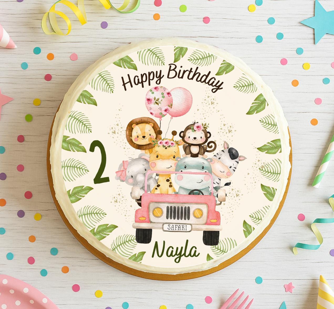 Tortenaufleger Safari Tiere personalisiert – Fondant mit Name & Alter – Dschungel Geburtstag – Rosa Safari Auto Ø 20 cm – Party Decor