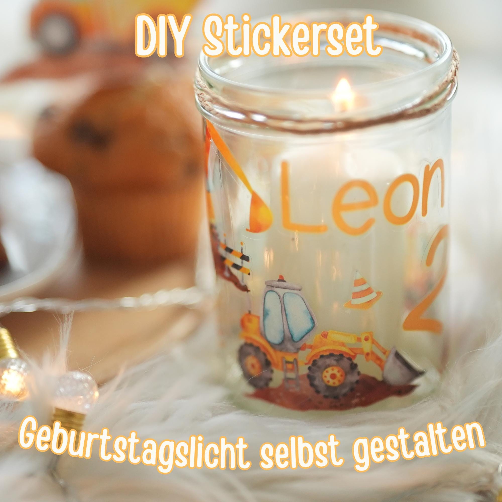 Sticker Set Baustelle – Geburtstagslicht selbst gestalten – Aufkleber mit Zahl – Bagger Kipplaster Deko – DIY geburtstag Windlicht – Stickers