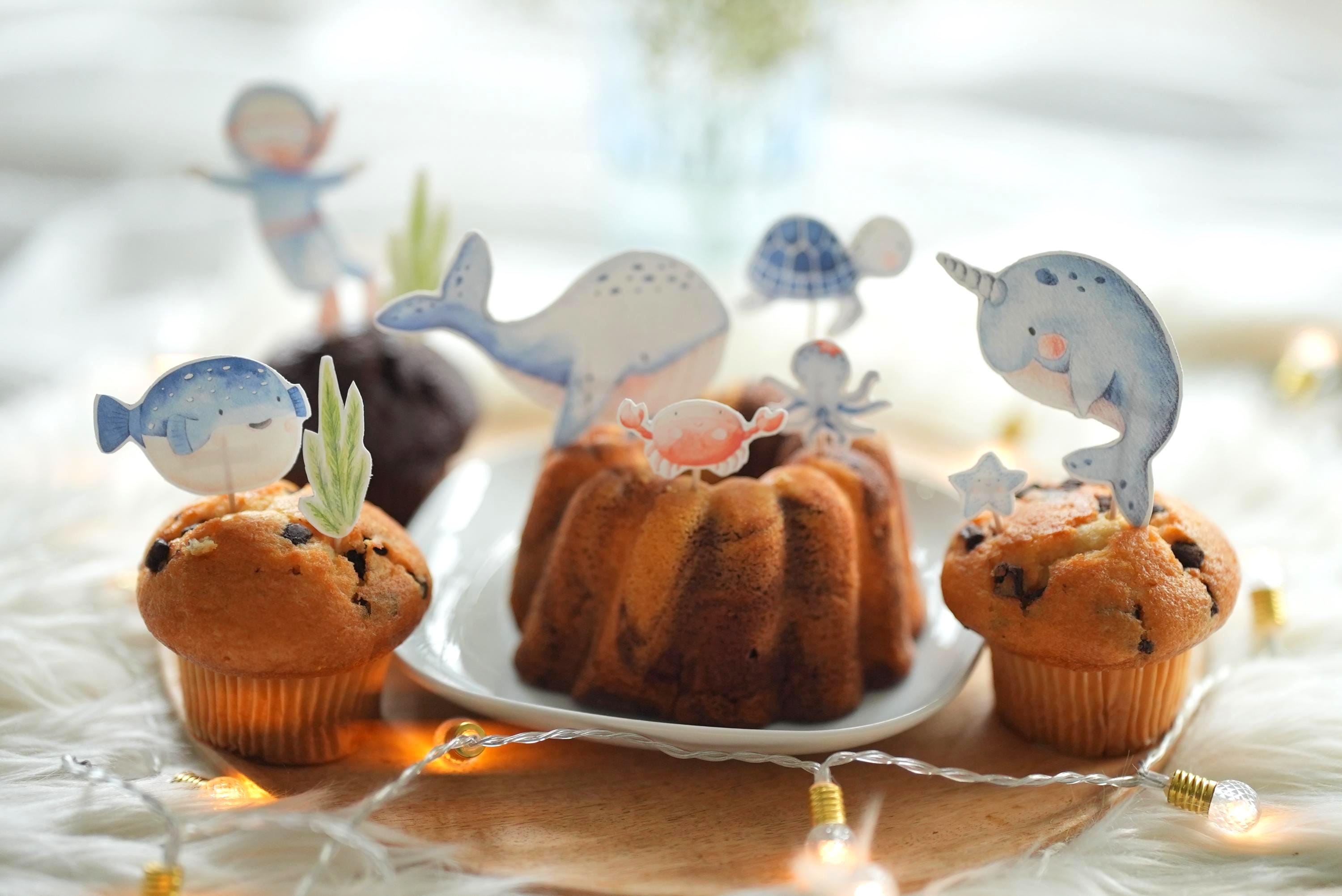 DIY Caketopper Meerestiere Bastelset – Torten Deko geburtstag – Narwal, Krabbe, Wal, Oktopus, Unterwasser Deko zum Ausschneiden – Party Decor