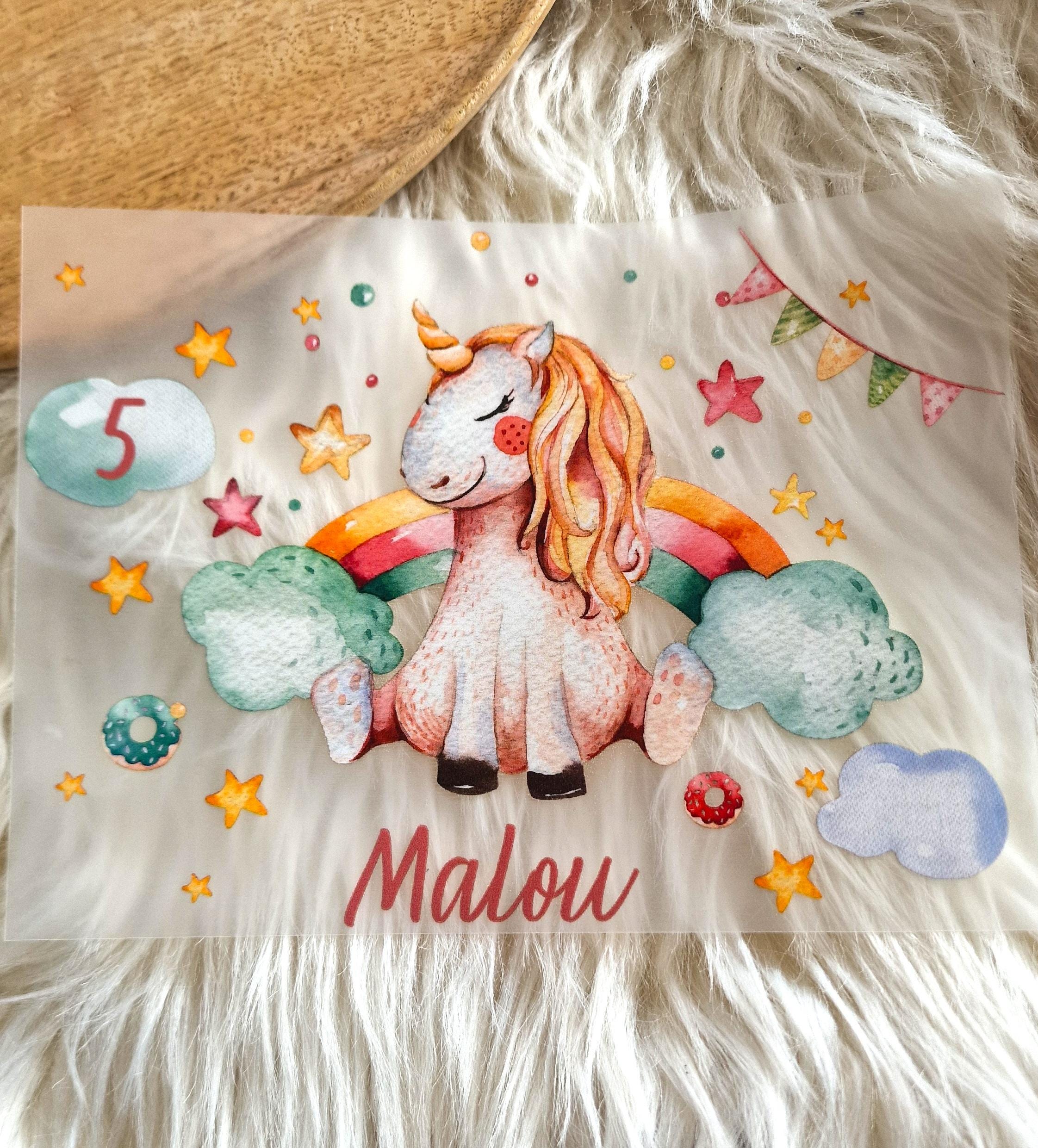 Einhorn Bügelbild Regenbogen – personalisiert mit Name & Zahl – Aufbügler für Shirt – DIY Applikation DTF für kleidung – Appliques & Patches