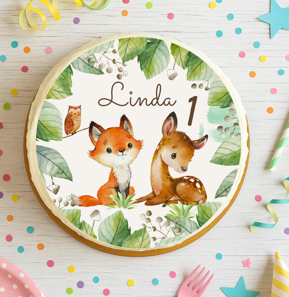 Tortenaufleger Waldtiere personalisiert – mit Name & Zahl – Fuchs Reh Eule – Fondantbild Ø 20 cm – Mottoparty geburtstag – Party Decor
