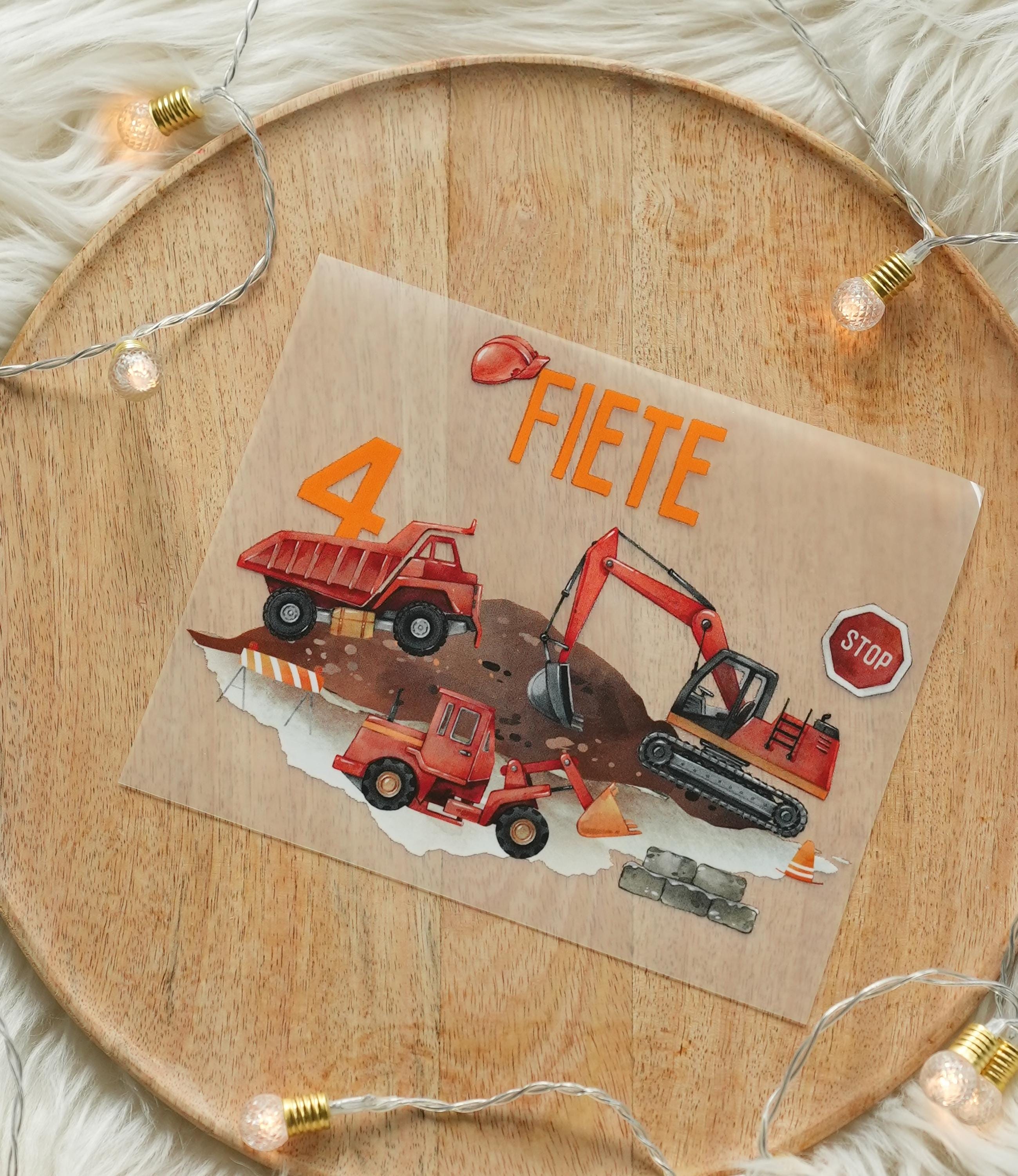 Bügelbild Bagger personalisiert – Baustelle Geburtstag Shirt – mit Name & Alter – für bunte Stoffe – A4/A5 – Appliques & Patches