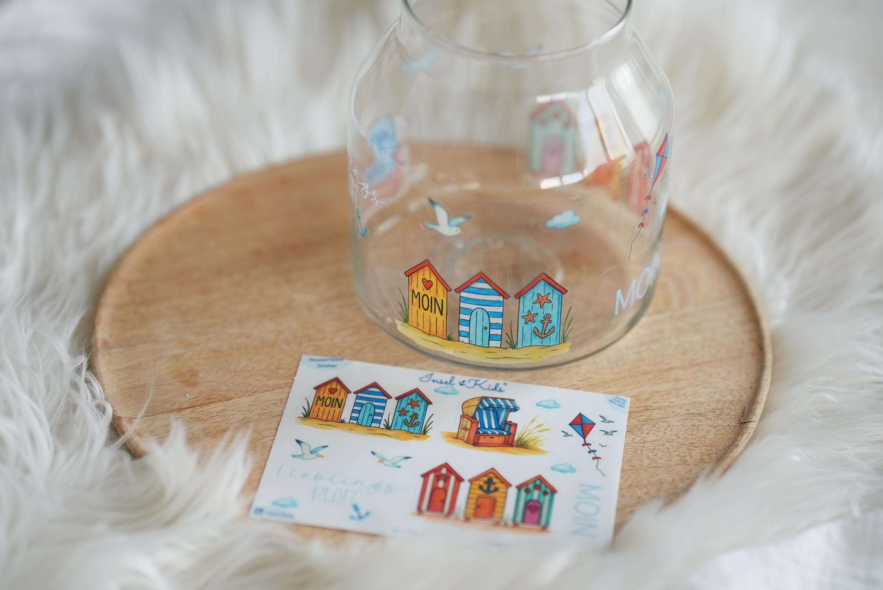 Maritimes Sticker Set Strandhäuschen – wasserfest & spülmaschinenfest – für Windlichter, Gläser, Sommerdeko und DIY – Stickers