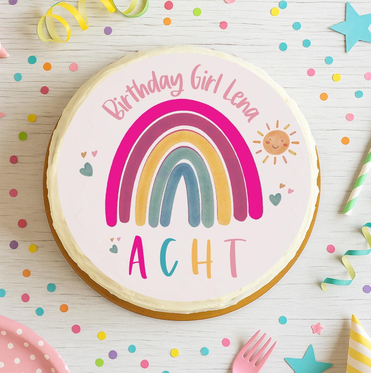Tortenaufleger Regenbogen personalisiert – mit Name & Zahl – Fondant Ø 20 cm – essbare Tortendeko für Geburtstag – Party Decor