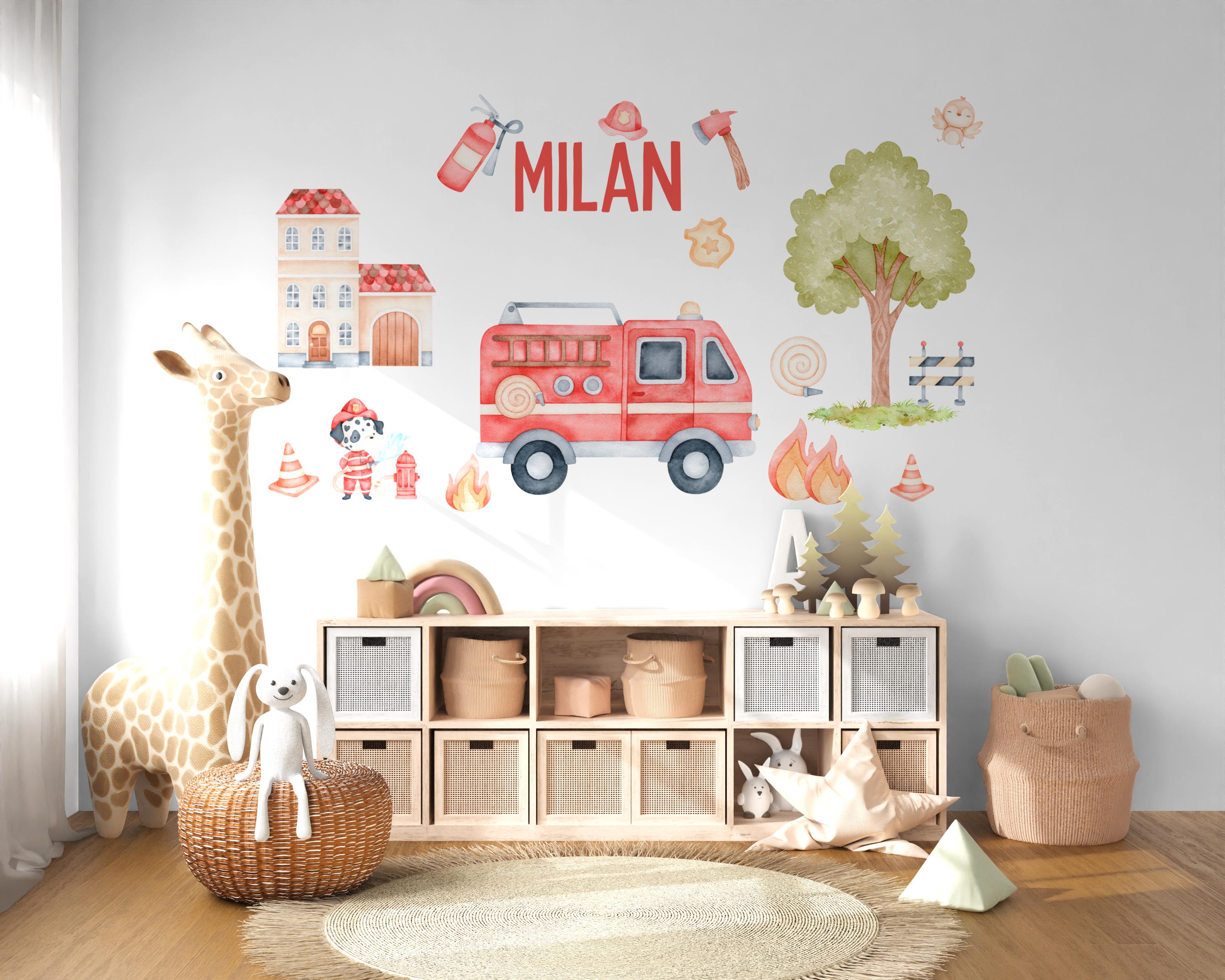 Wandtattoo Feuerwehr mit Name – personalisierte zimmer Deko – Wandsticker Rettungsfahrzeuge – Wall Decals & Murals