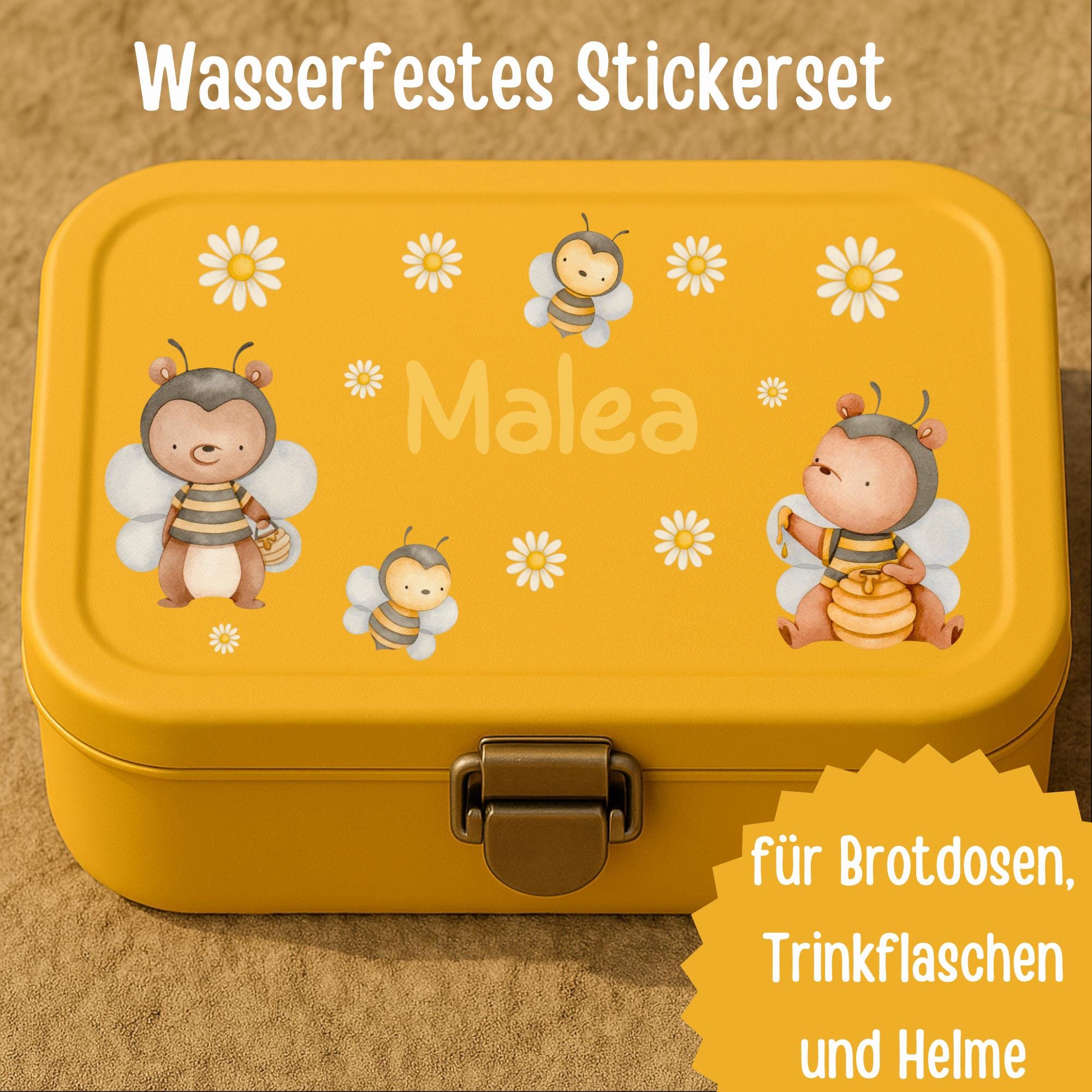 Namensaufkleber Biene – personalisierte Sticker mit Gänseblümchen – wasserfest & spülmaschinenfest – A6/A5/A4 – für Brotdose und Flasche – Stickers