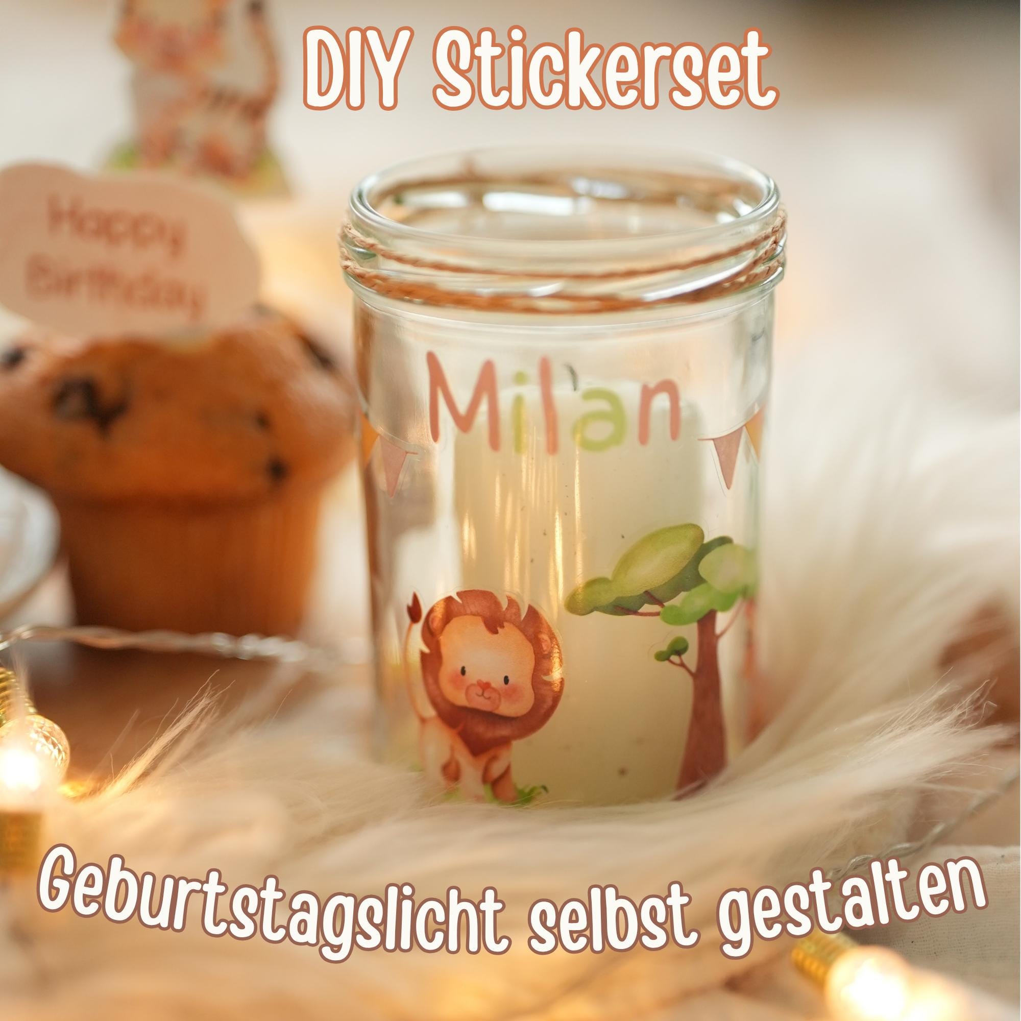 Sticker Dschungeltiere für Geburtstagslicht – personalisierbar – wasserfest & ablösbar – für Kerzenglas Deko geburtstag – A6/A5/A4 – Stickers