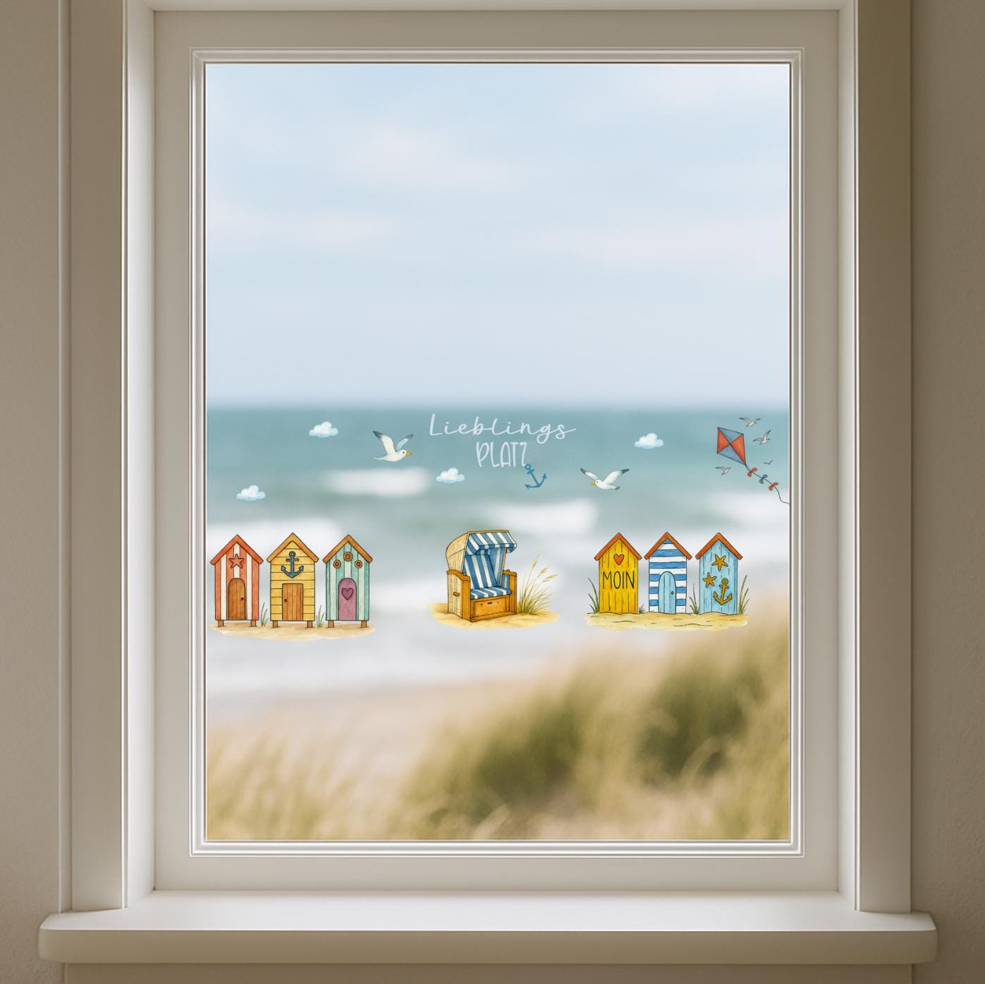 Fensterbild Strandhaus – statisch haftend & wiederverwendbar – Sommerdeko Fenster Meer – maritime Fensterdeko Küche, Bad, Flur, Ferienhaus – 
